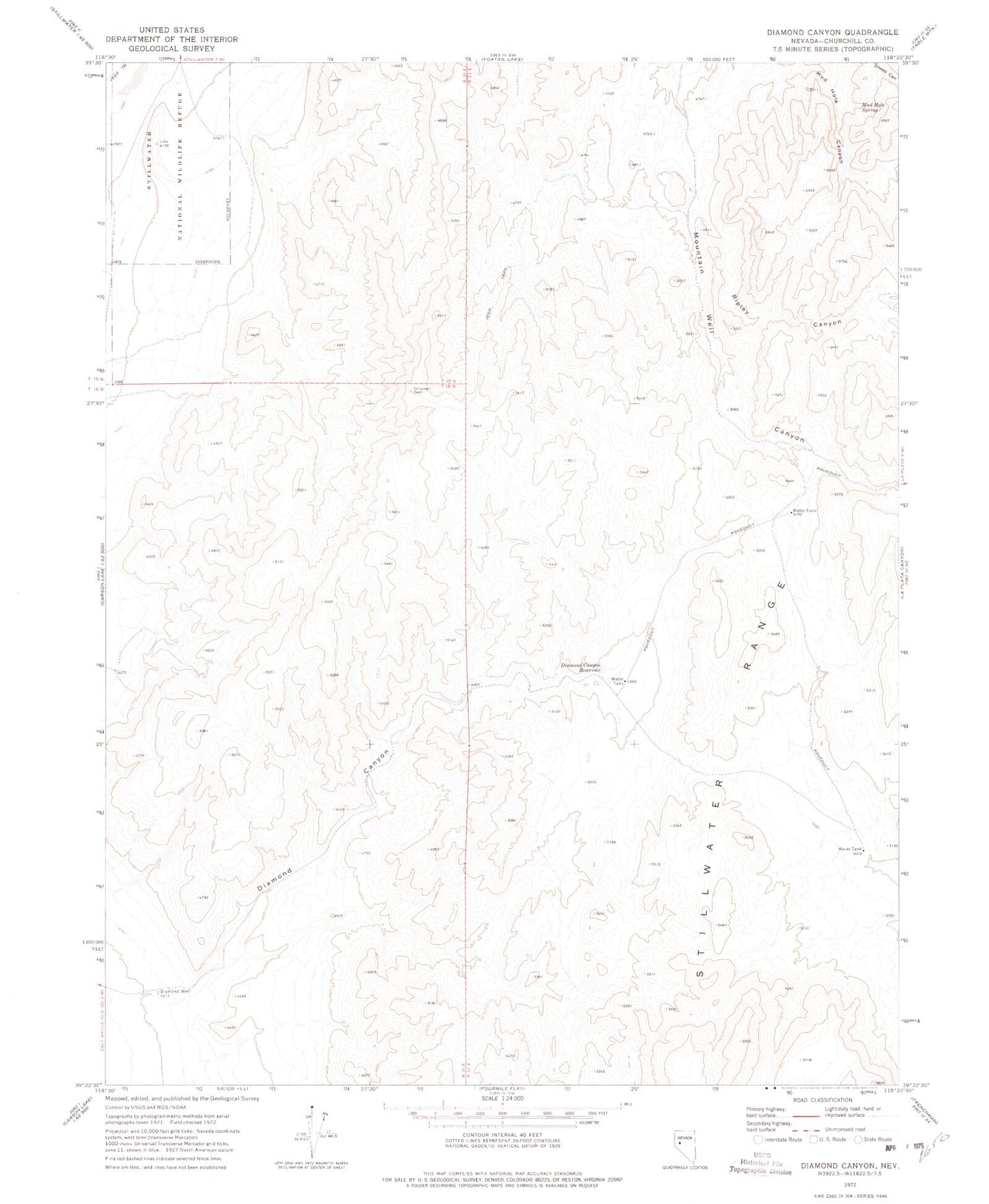 Classic USGS Diamond Canyon Nevada 7.5'x7.5' Topo Map Image