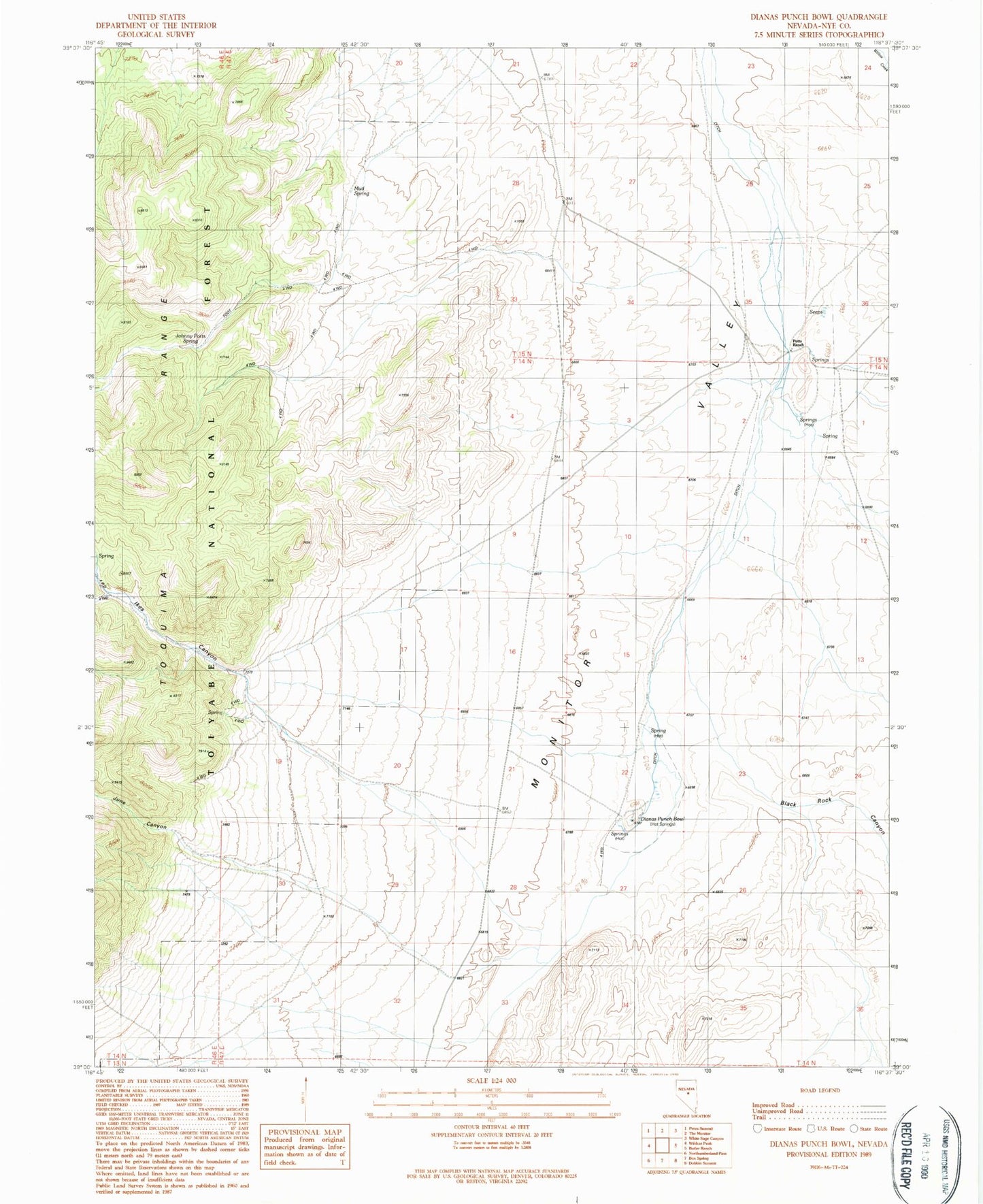 Classic USGS Dianas Punch Bowl Nevada 7.5'x7.5' Topo Map Image