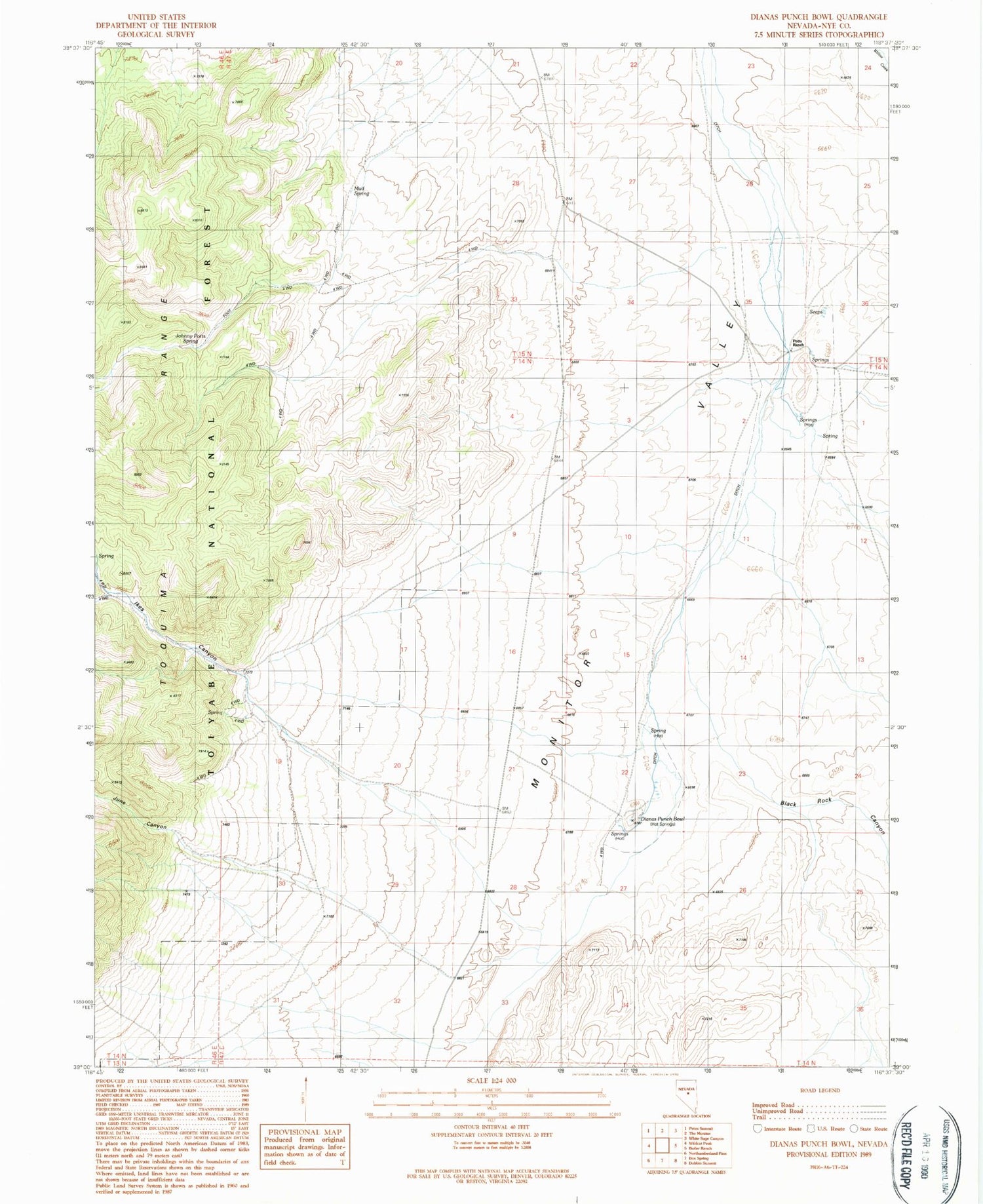 Classic USGS Dianas Punch Bowl Nevada 7.5'x7.5' Topo Map Image