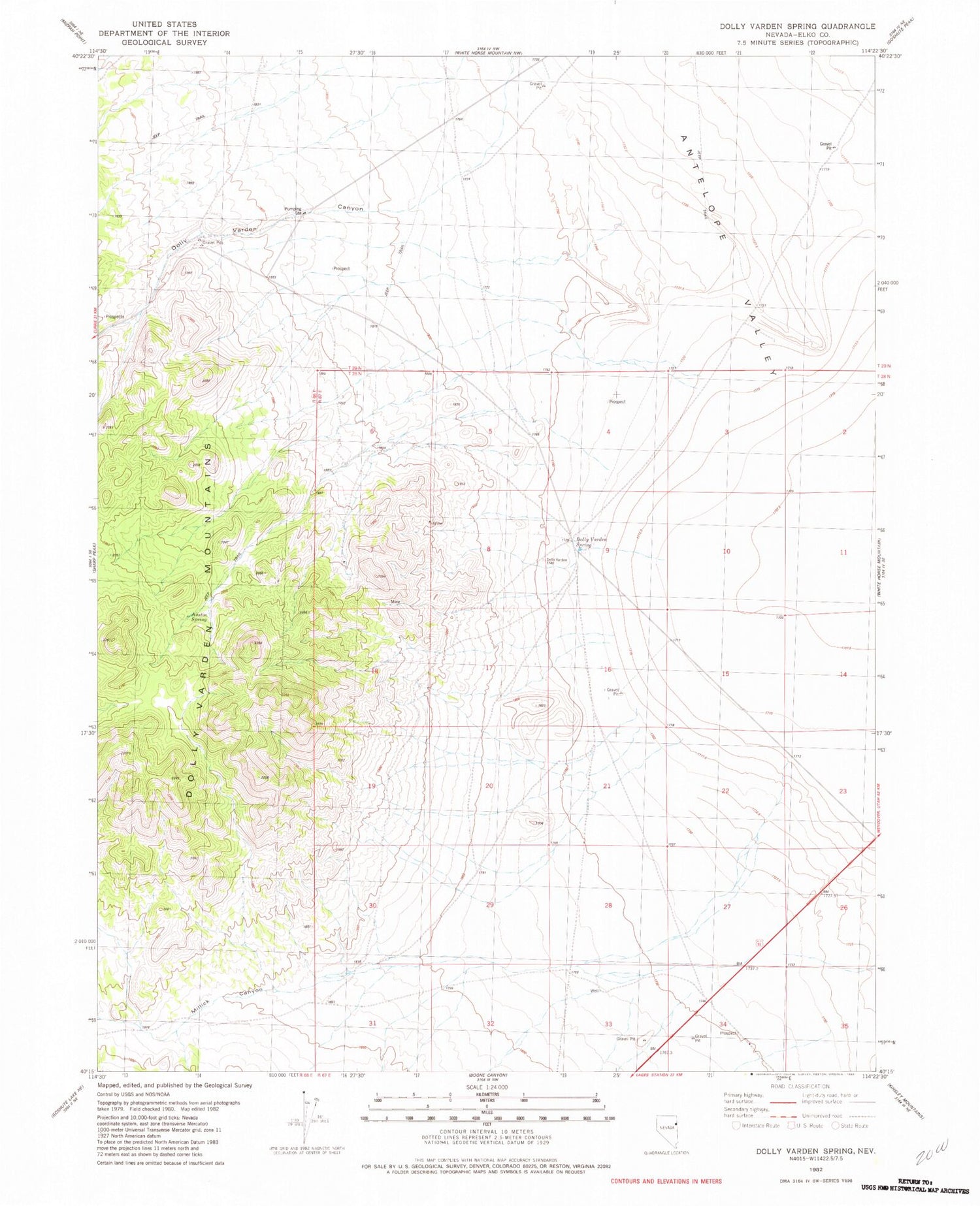 Classic USGS Dolly Varden Spring Nevada 7.5'x7.5' Topo Map Image