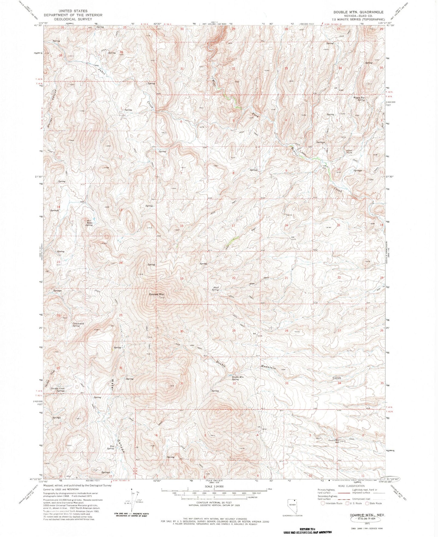 Classic USGS Double Mountain Nevada 7.5'x7.5' Topo Map Image
