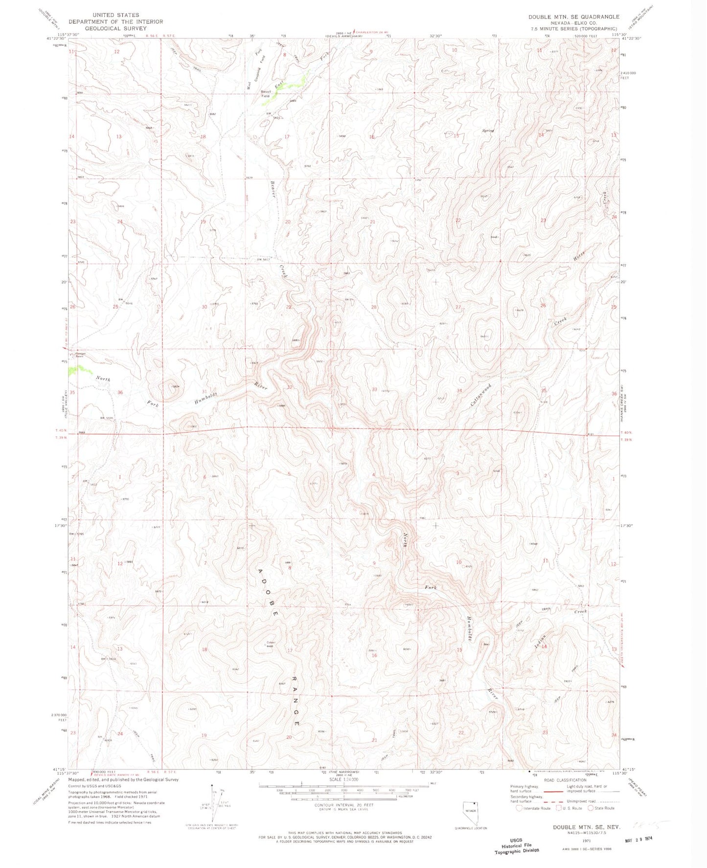 Classic USGS Double Mountain SE Nevada 7.5'x7.5' Topo Map Image
