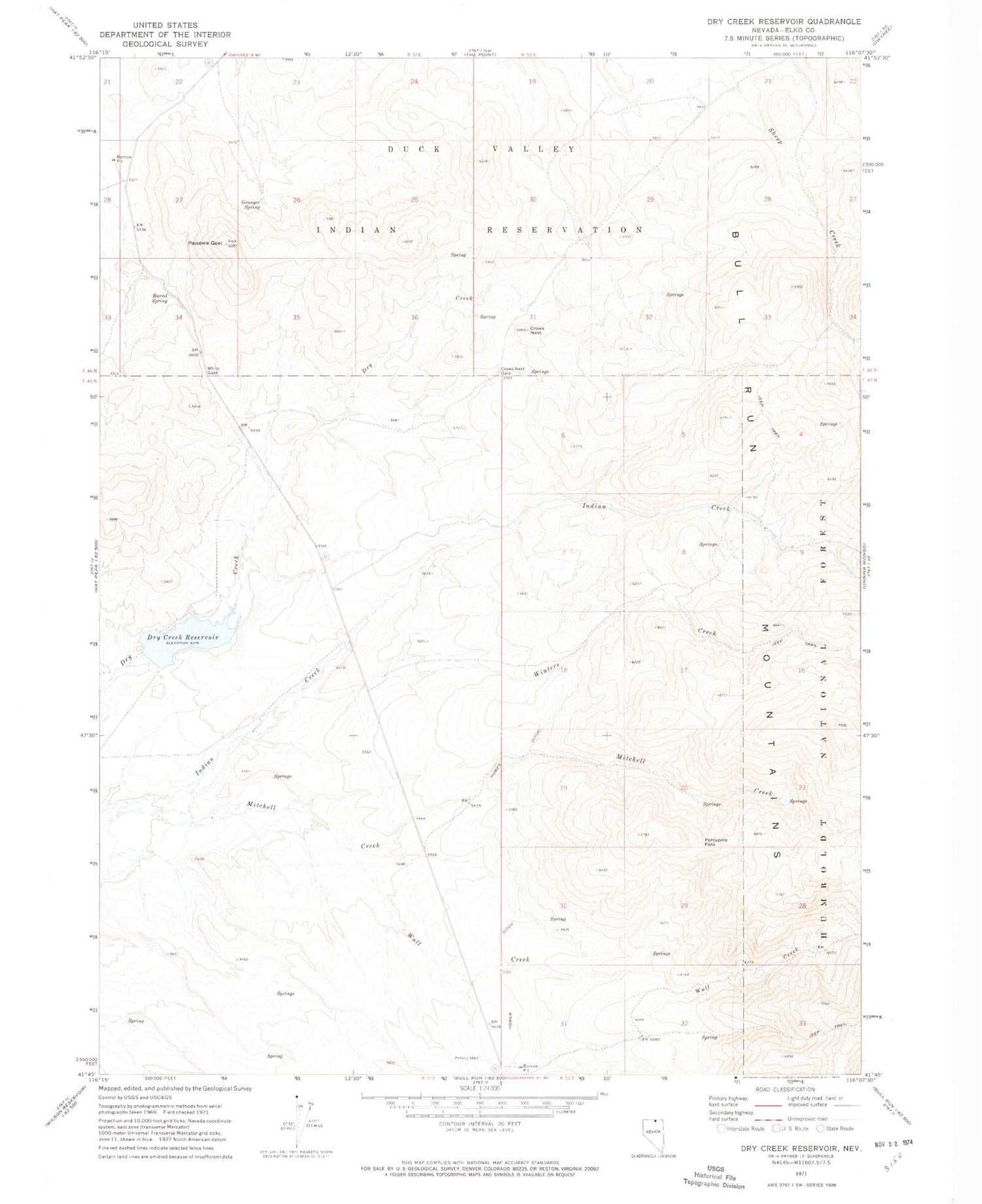 Classic USGS Dry Creek Reservoir Nevada 7.5'x7.5' Topo Map Image