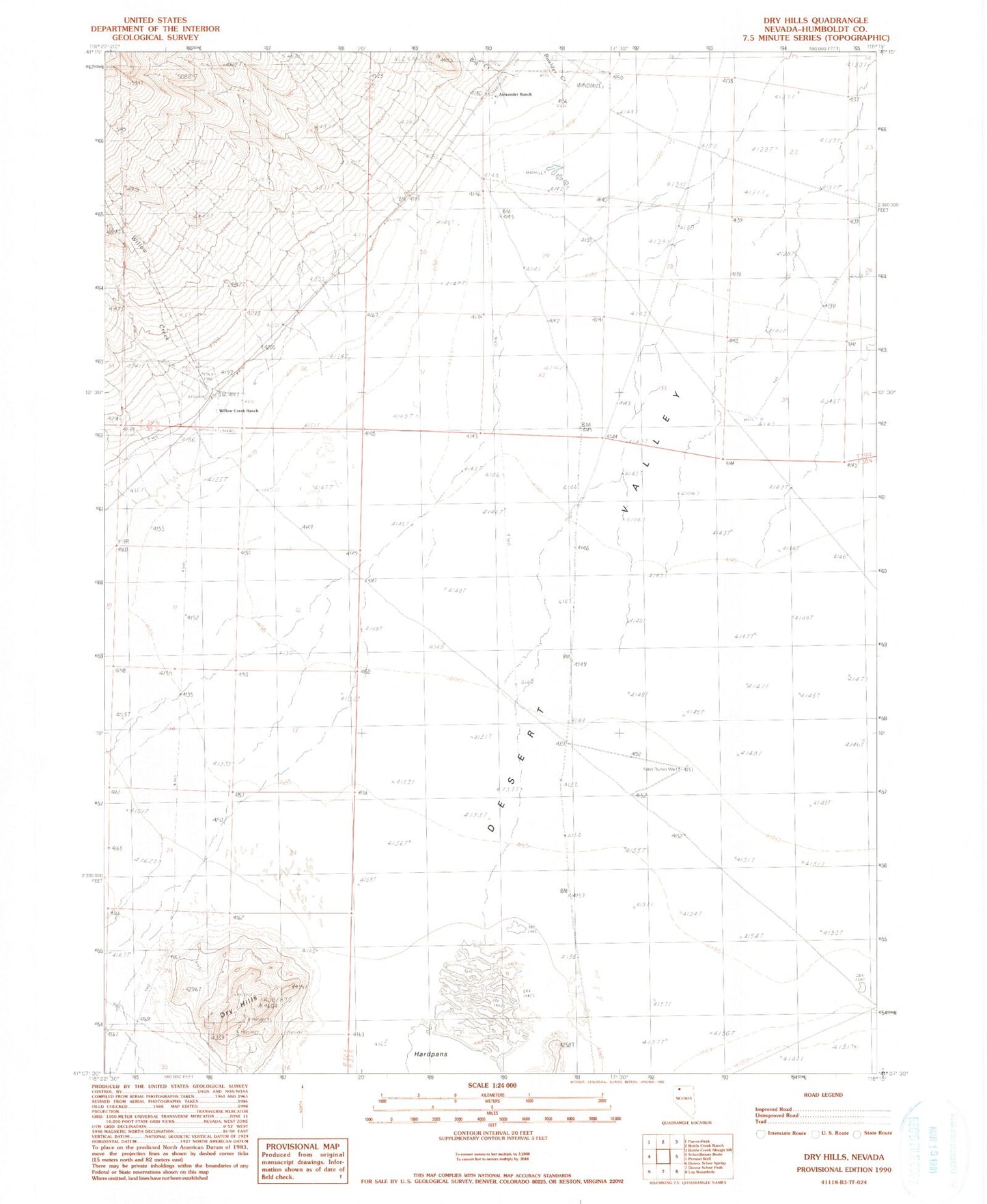 Classic USGS Dry Hills Nevada 7.5'x7.5' Topo Map Image