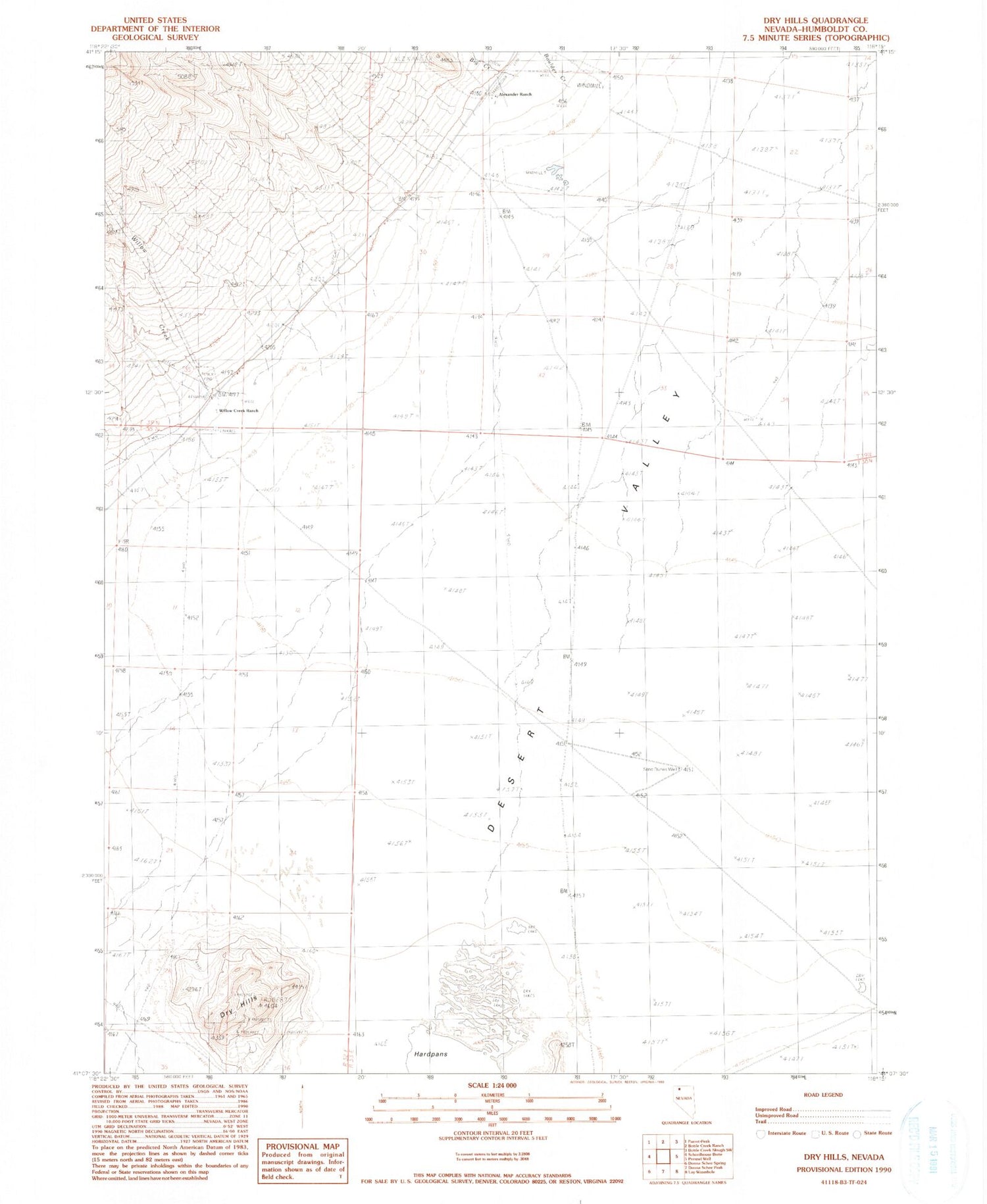 Classic USGS Dry Hills Nevada 7.5'x7.5' Topo Map Image