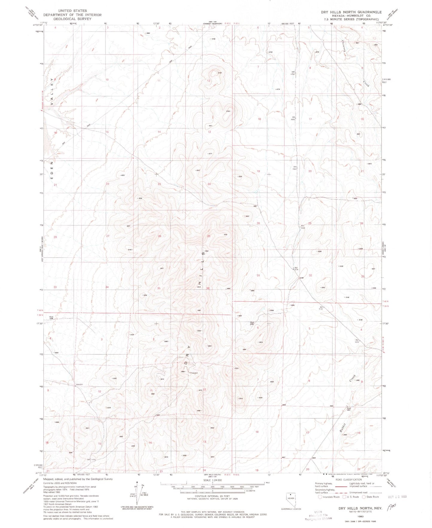 Classic USGS Dry Hills North Nevada 7.5'x7.5' Topo Map Image