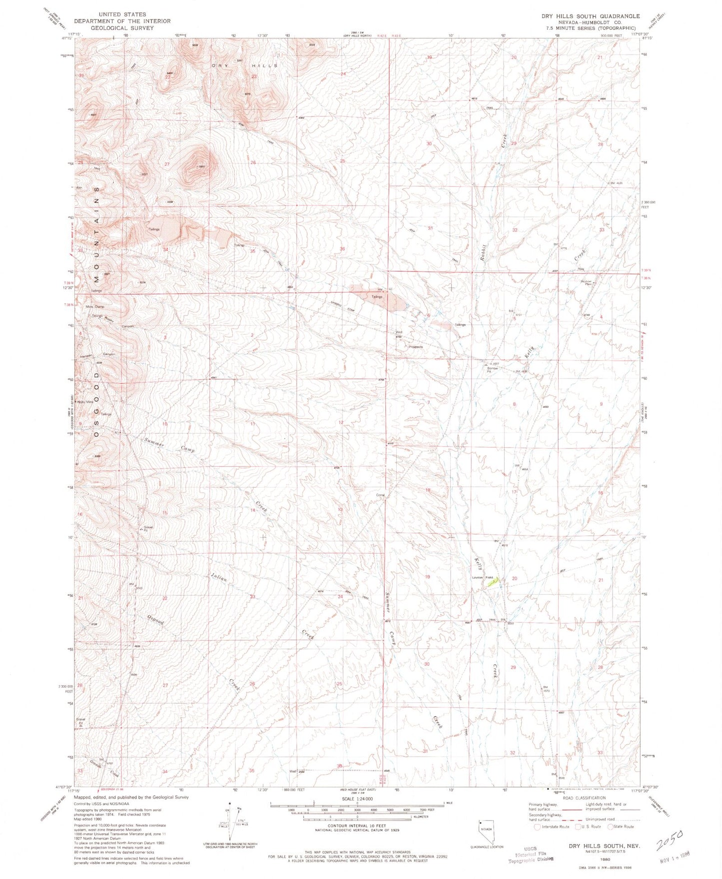 Classic USGS Dry Hills South Nevada 7.5'x7.5' Topo Map Image