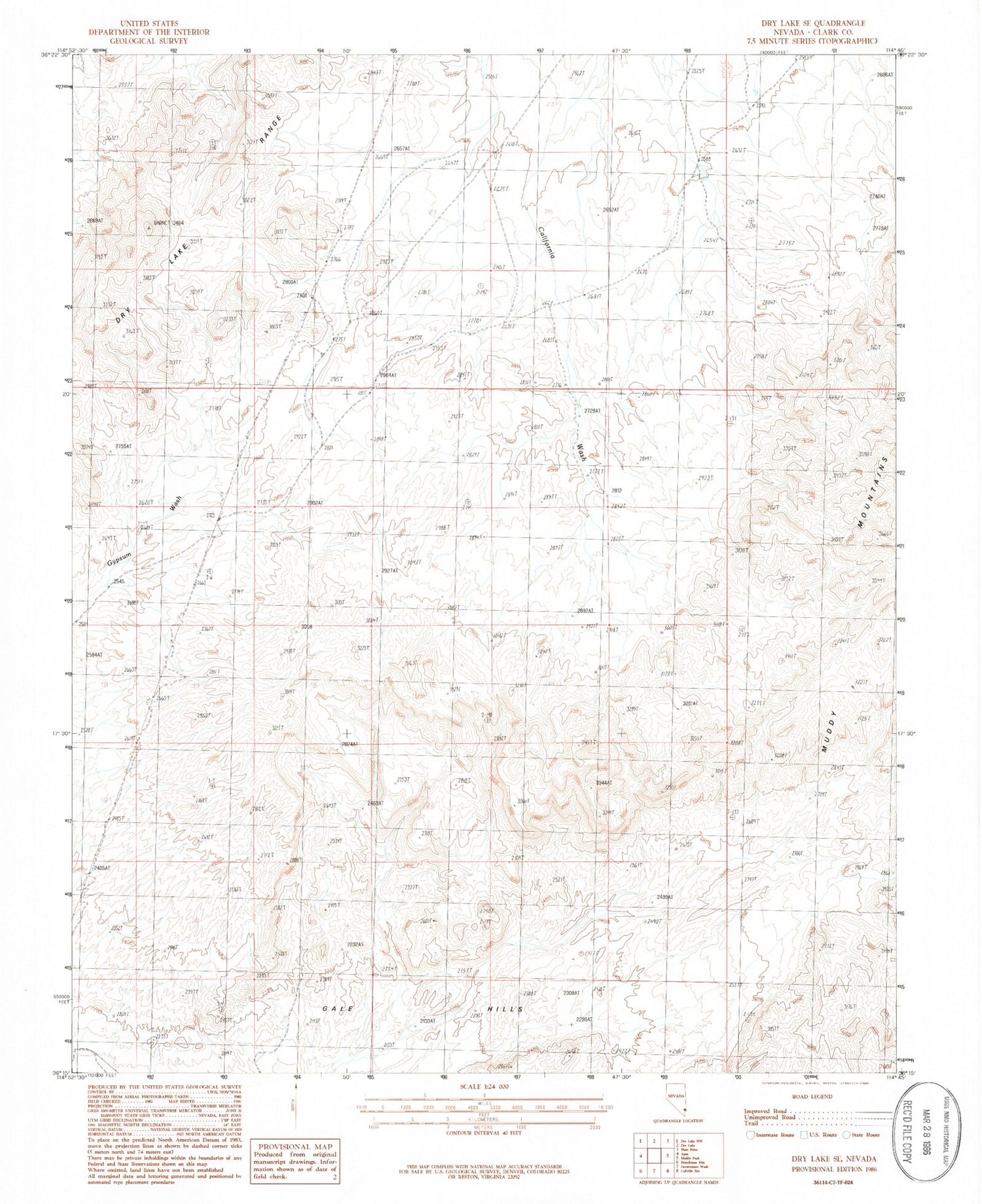 Classic USGS Dry Lake SE Nevada 7.5'x7.5' Topo Map Image