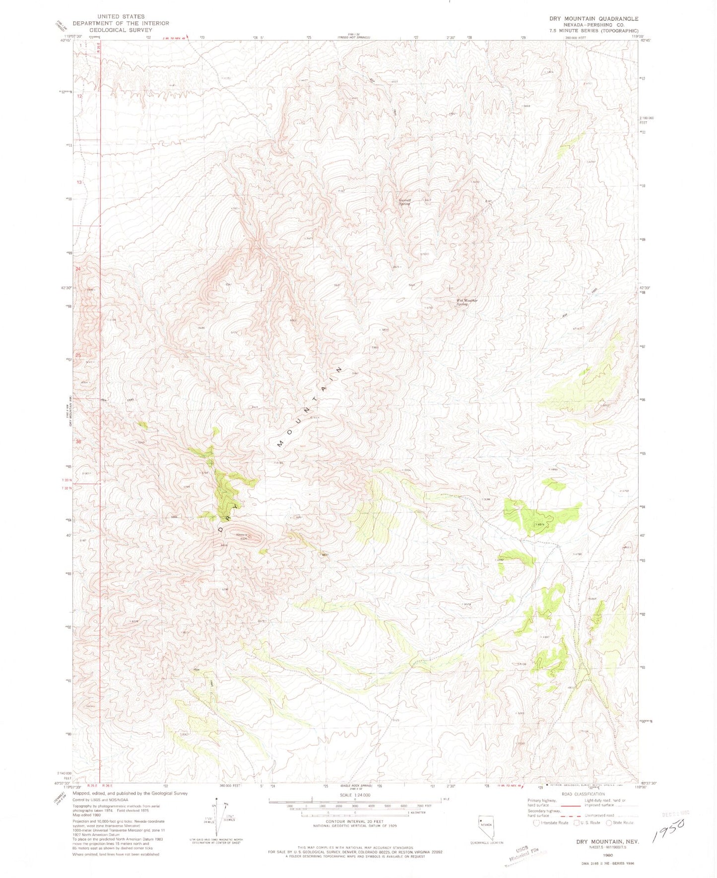 Classic USGS Dry Mountain Nevada 7.5'x7.5' Topo Map Image