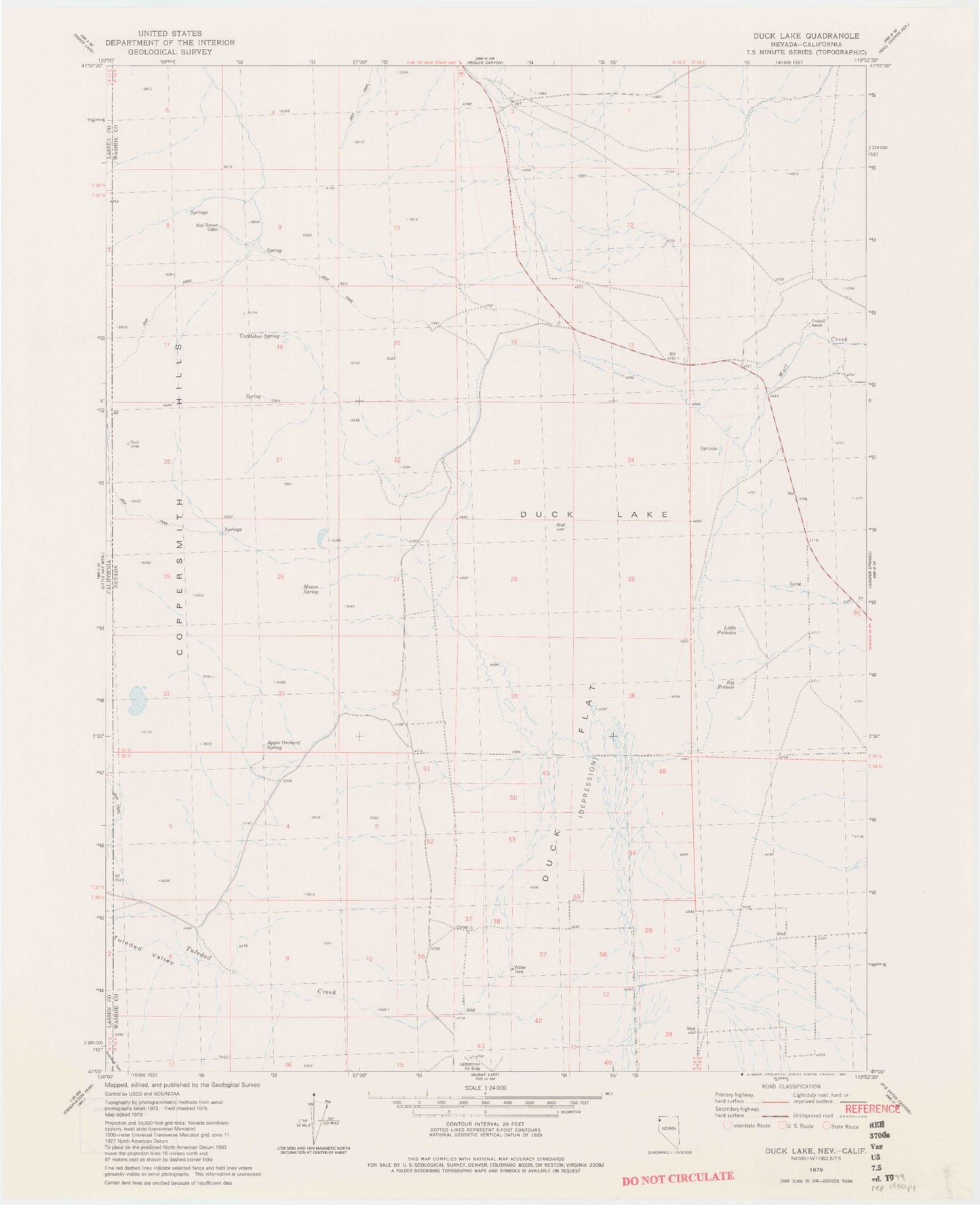 Classic USGS Duck Lake Nevada 7.5'x7.5' Topo Map Image
