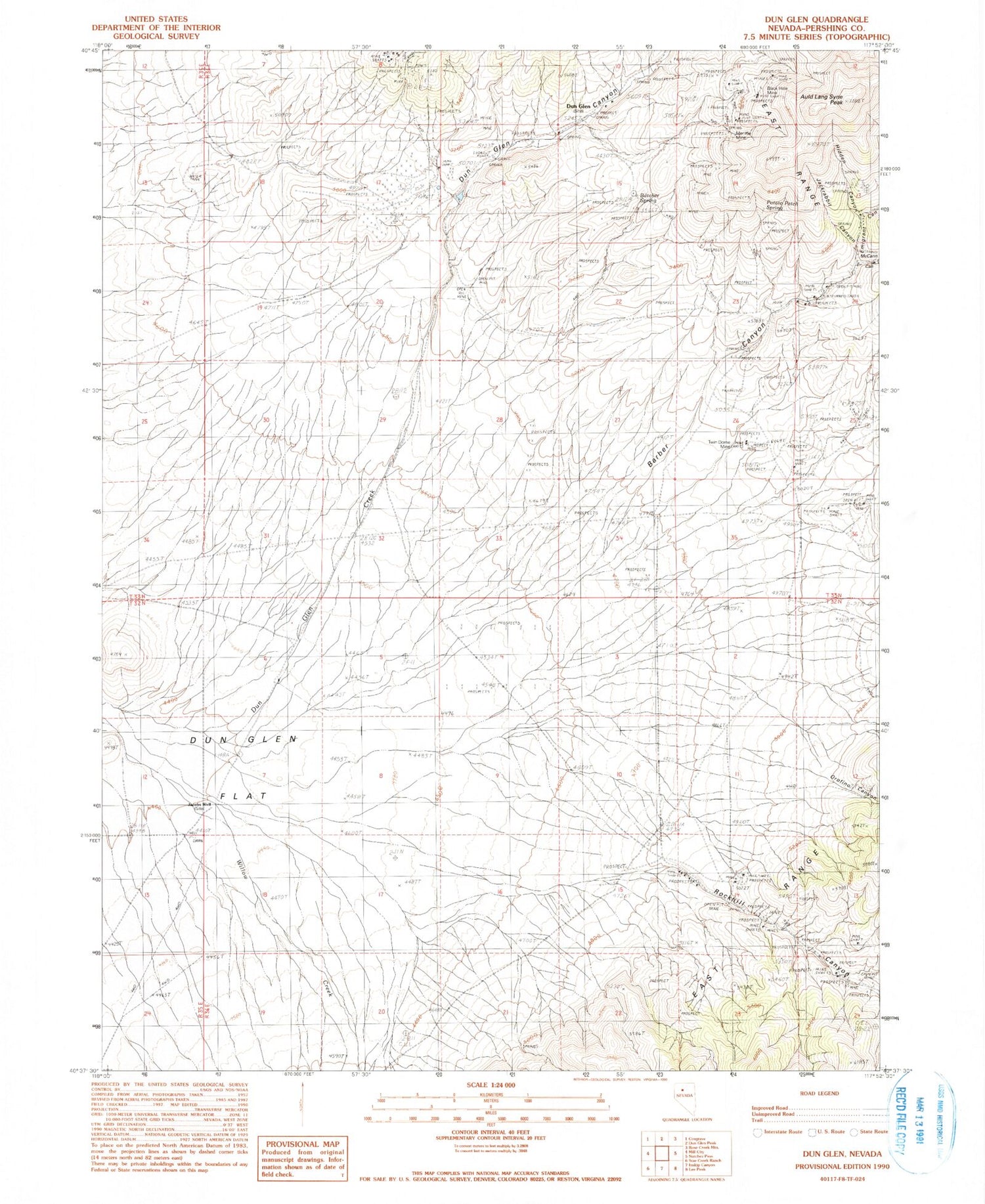 Classic USGS Dun Glen Nevada 7.5'x7.5' Topo Map Image