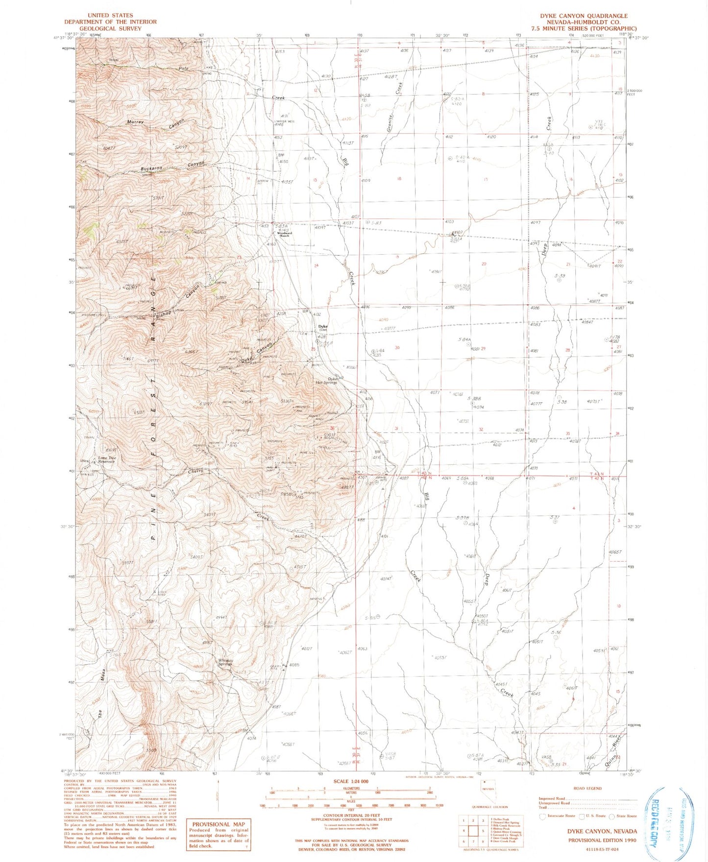 Classic USGS Dyke Canyon Nevada 7.5'x7.5' Topo Map Image