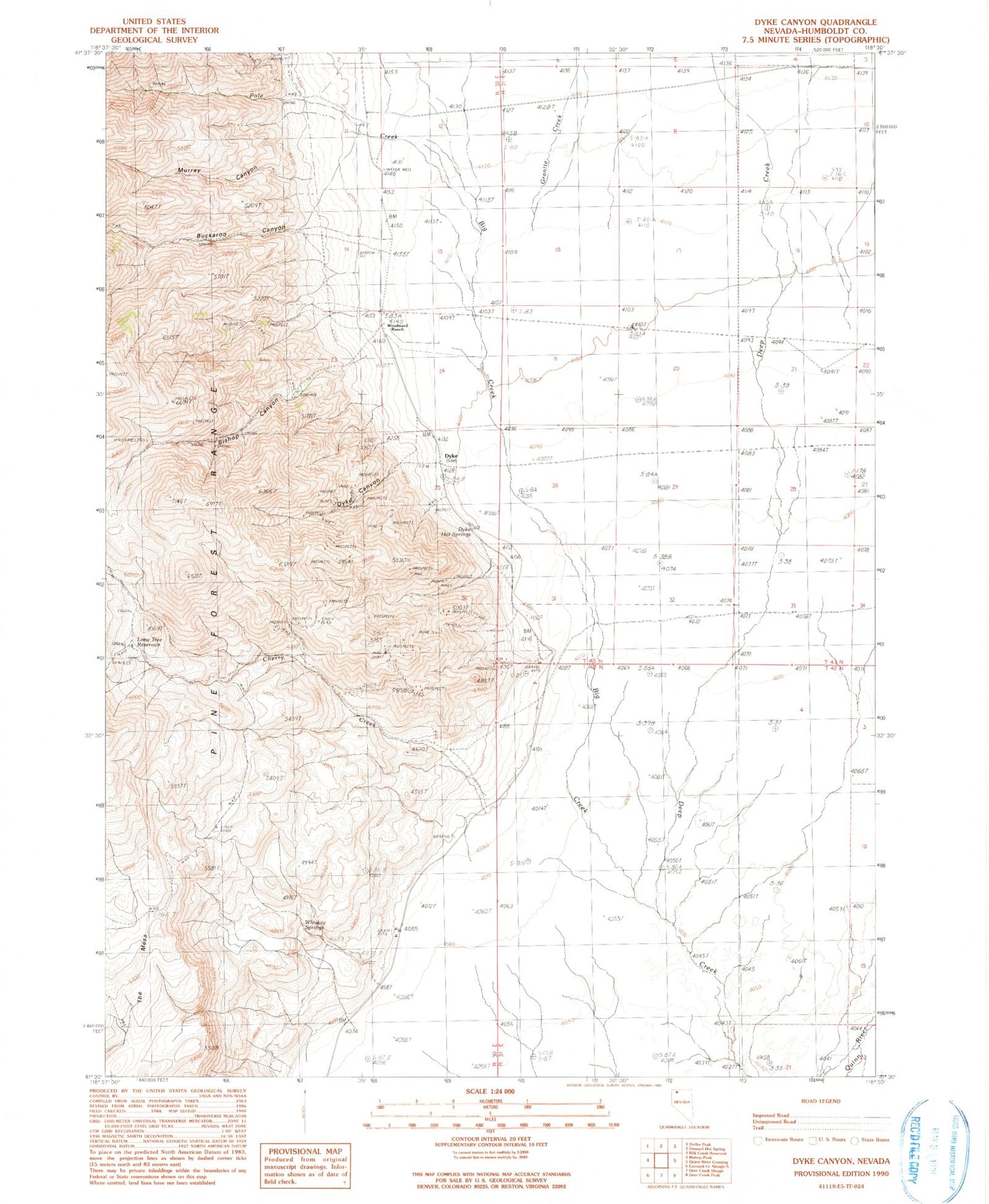 Classic USGS Dyke Canyon Nevada 7.5'x7.5' Topo Map Image