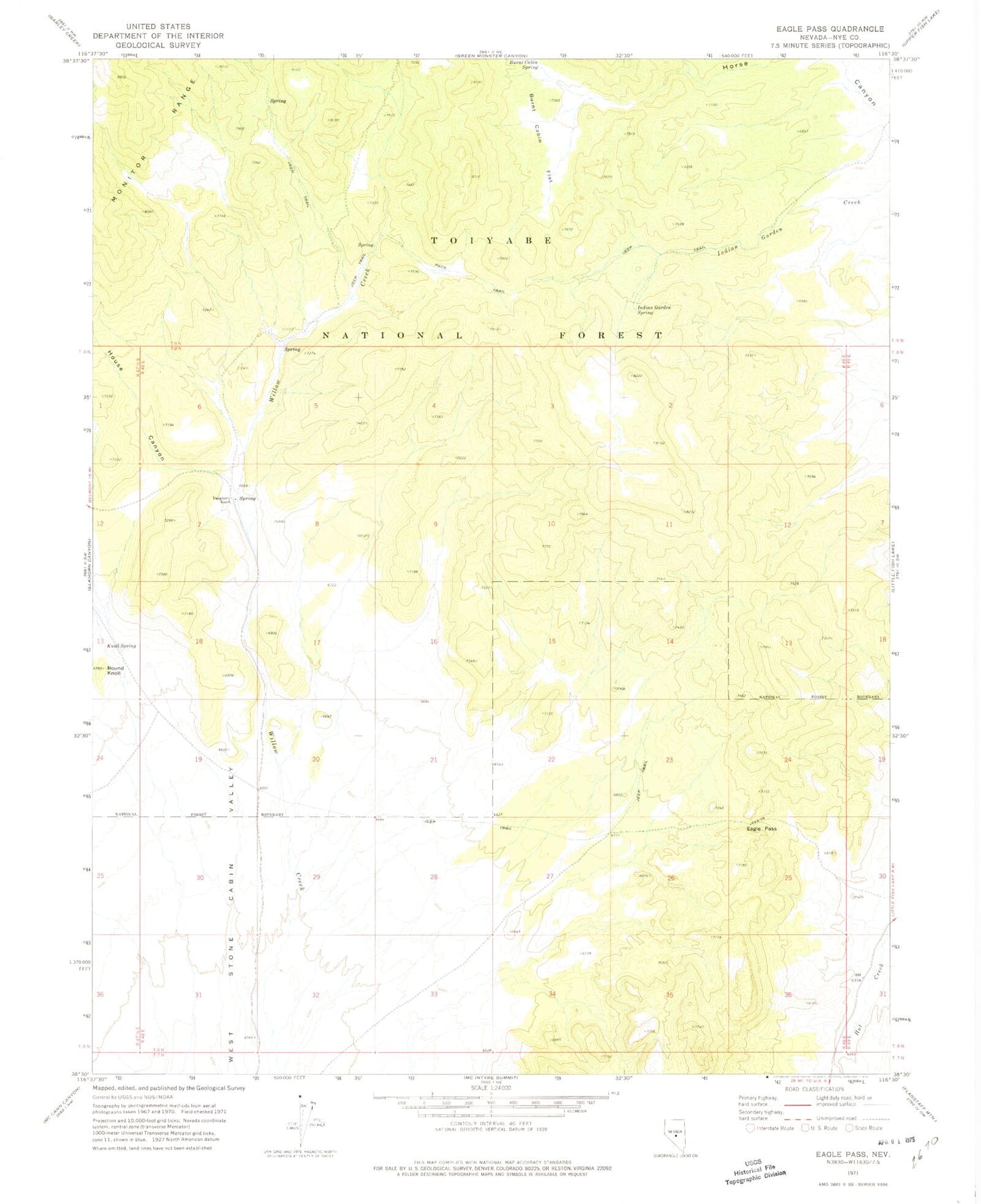 Classic USGS Eagle Pass Nevada 7.5'x7.5' Topo Map Image