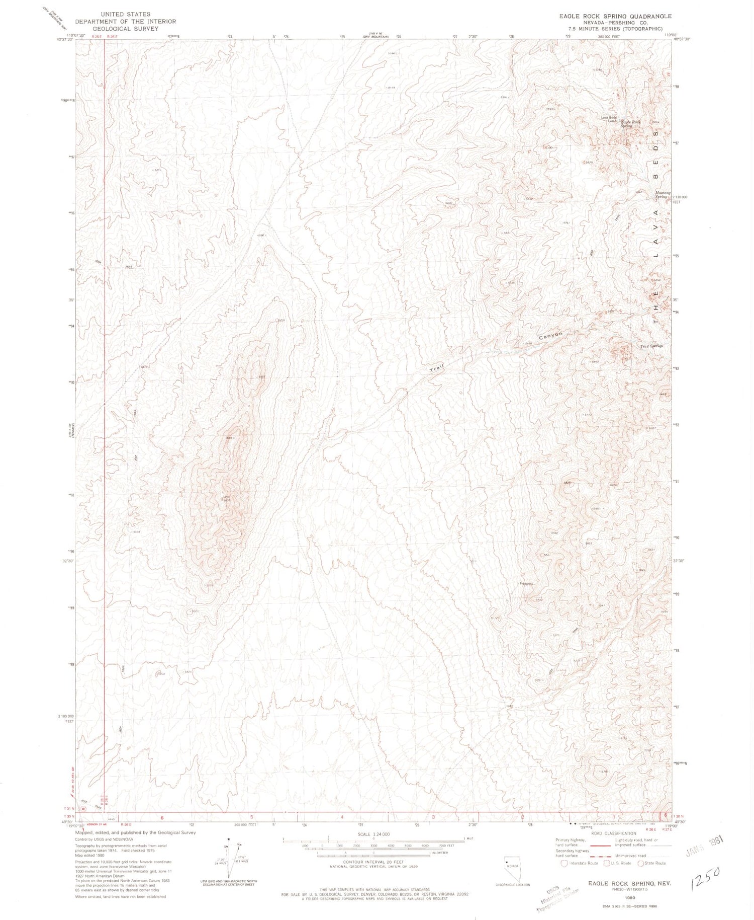 Classic USGS Eagle Rock Spring Nevada 7.5'x7.5' Topo Map Image