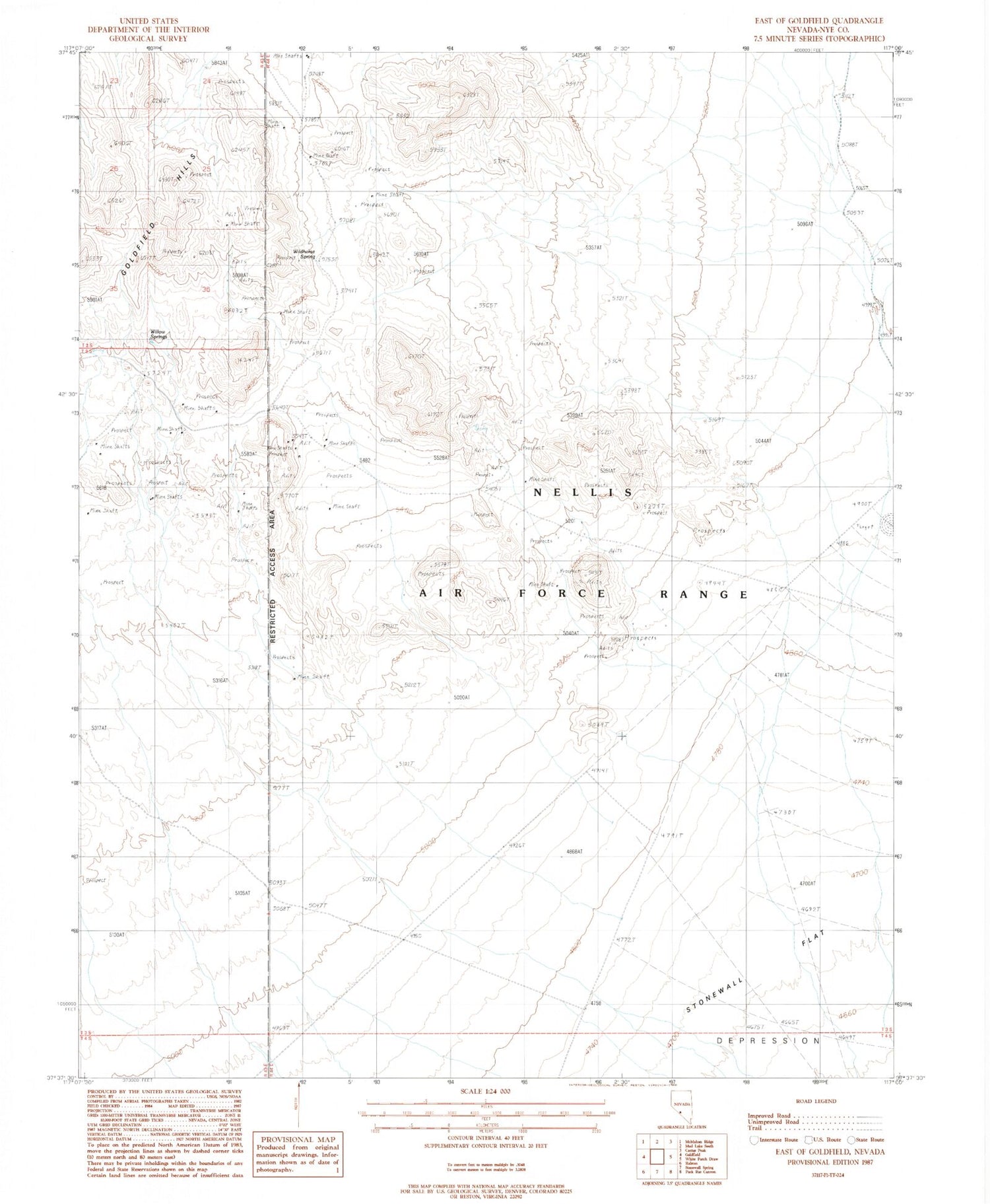 Classic USGS East of Goldfield Nevada 7.5'x7.5' Topo Map Image