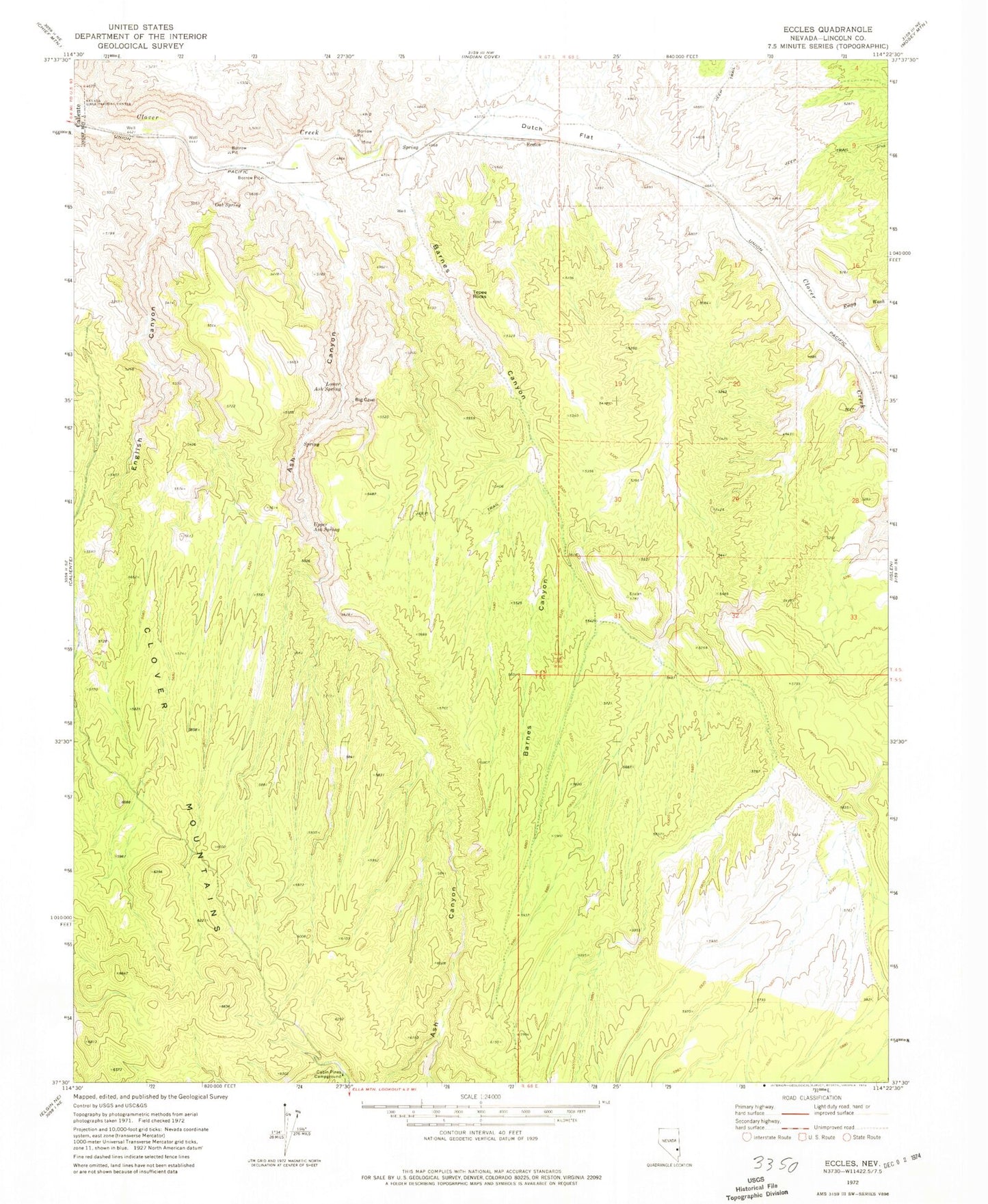 Classic USGS Eccles Nevada 7.5'x7.5' Topo Map Image