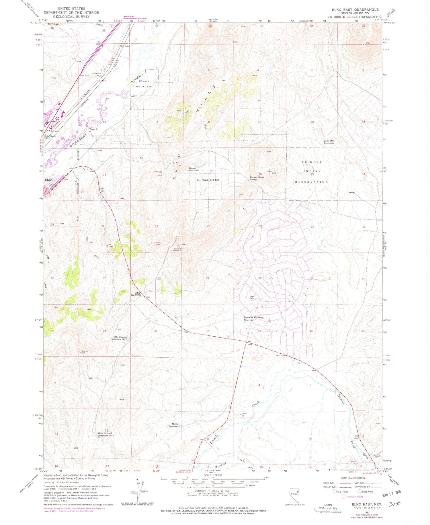 Classic USGS Elko East Nevada 7.5'x7.5' Topo Map Image