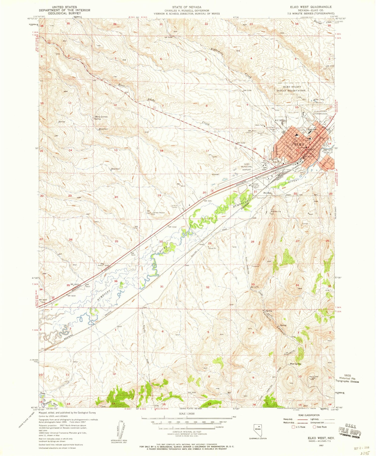 Classic USGS Elko West Nevada 7.5'x7.5' Topo Map Image