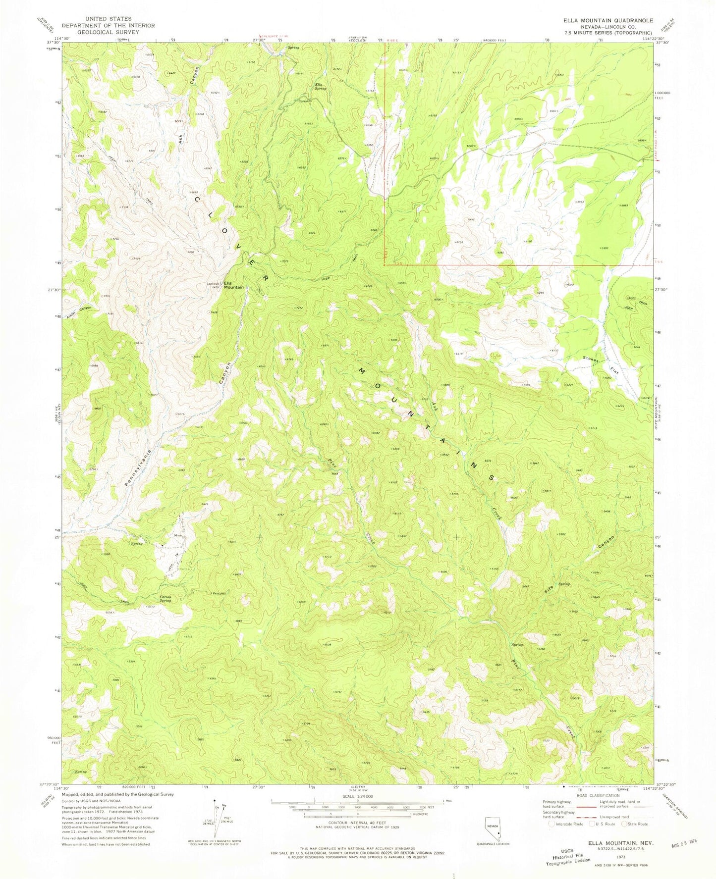 Classic USGS Ella Mountain Nevada 7.5'x7.5' Topo Map Image
