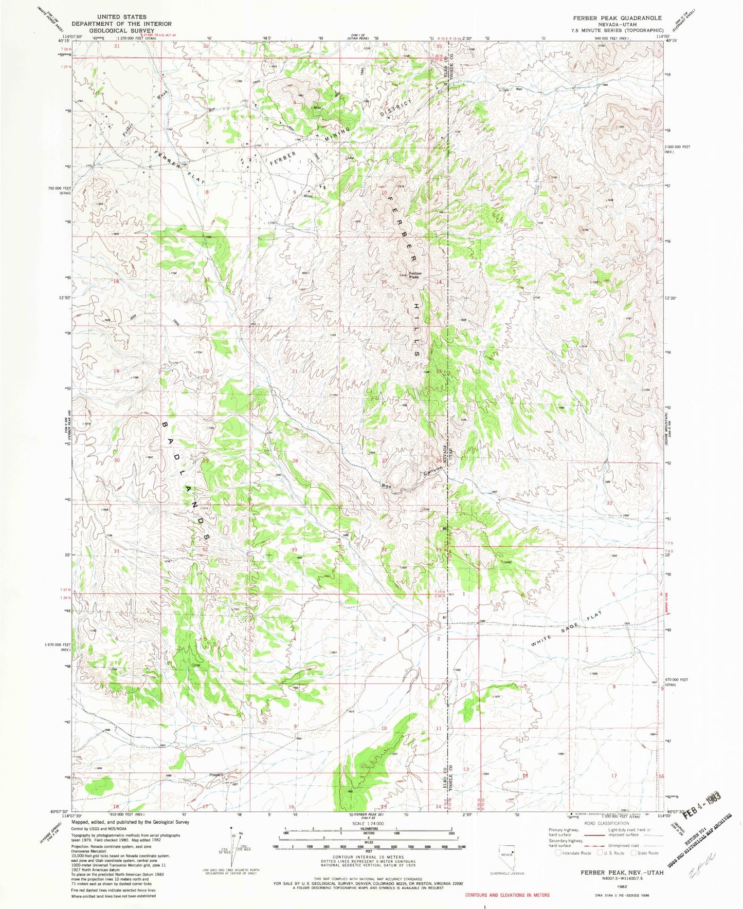 Classic USGS Ferber Peak Nevada 7.5'x7.5' Topo Map Image