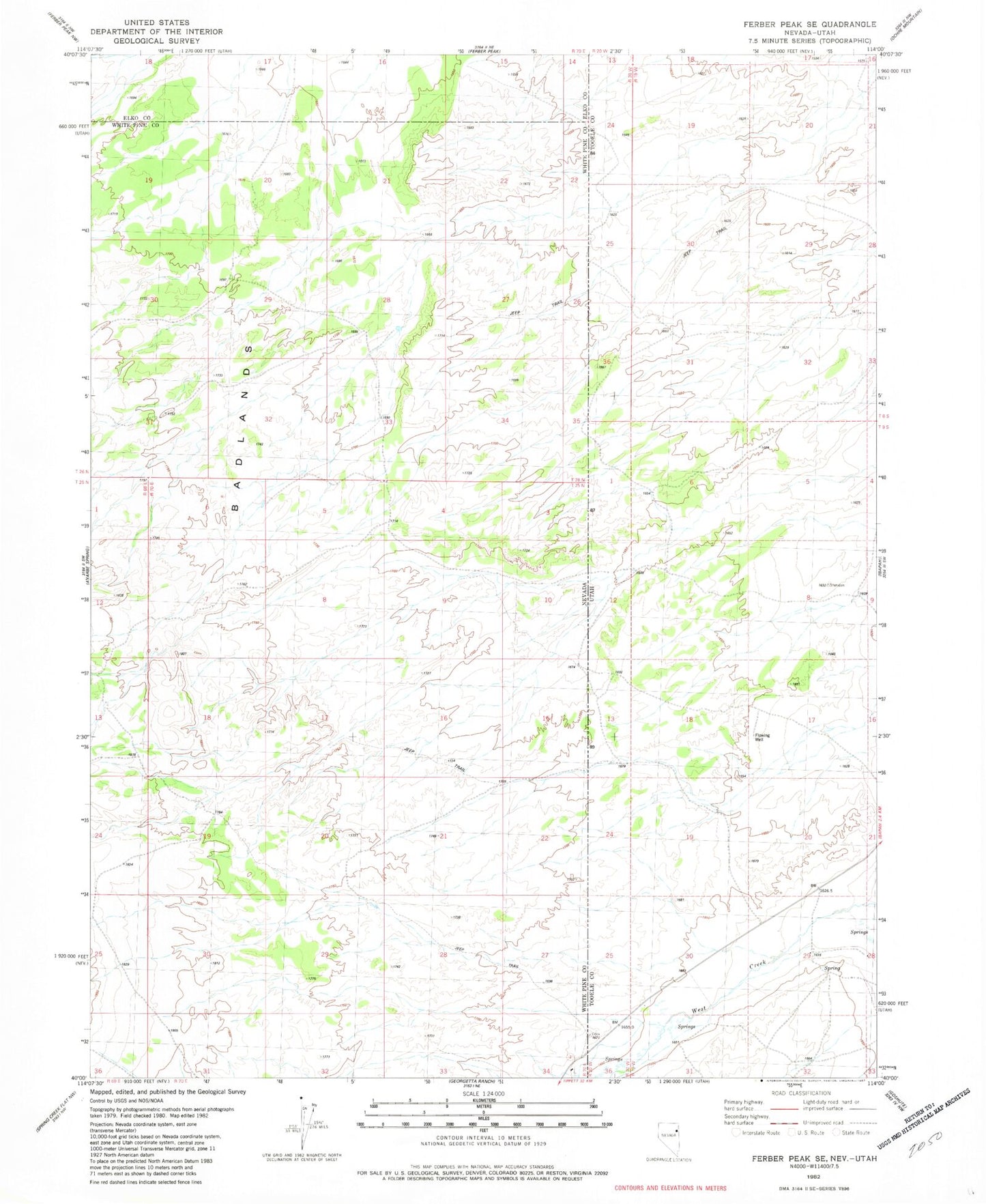 Classic USGS Ferber Peak SE Nevada 7.5'x7.5' Topo Map Image