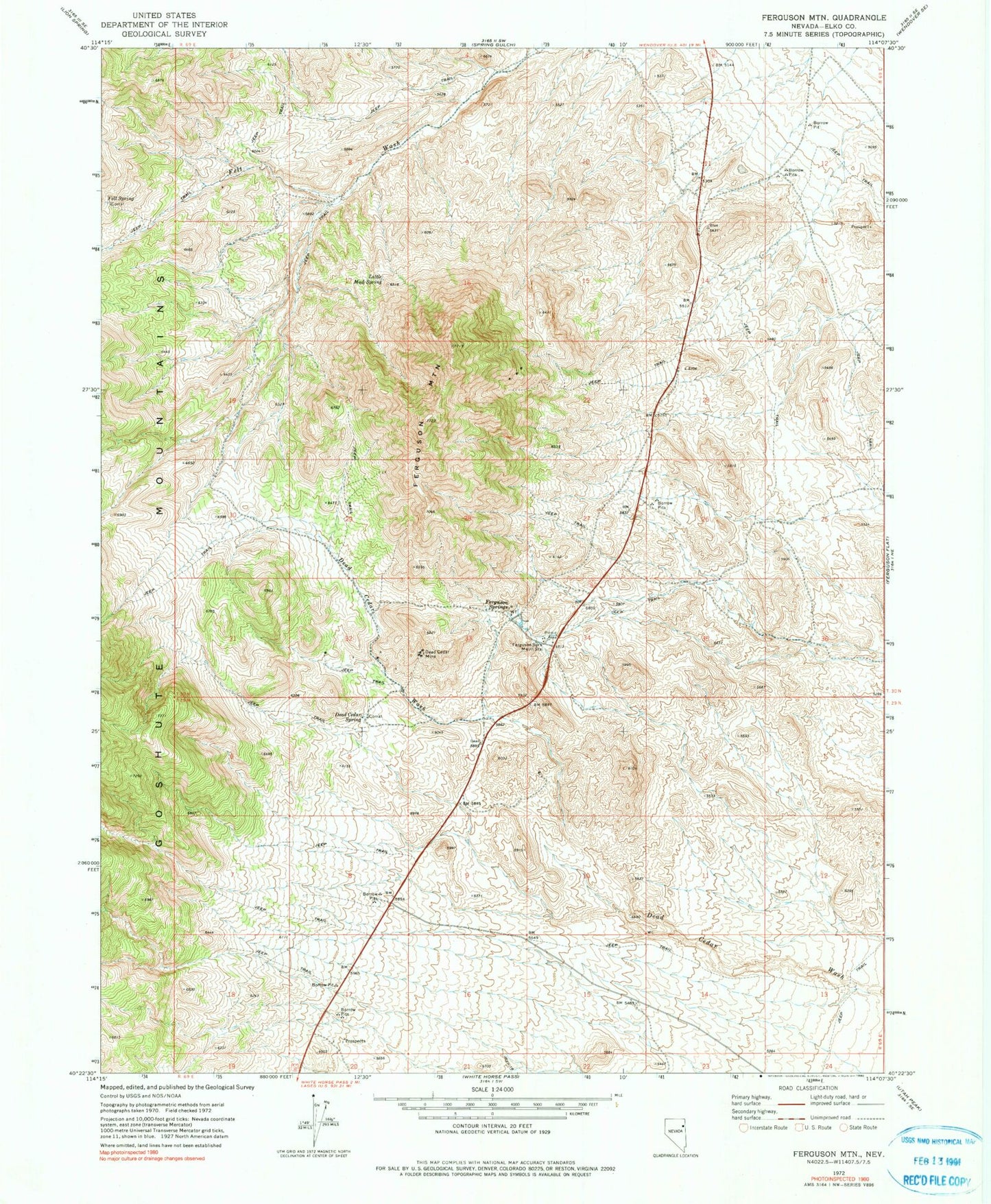 Classic USGS Ferguson Mountain Nevada 7.5'x7.5' Topo Map Image