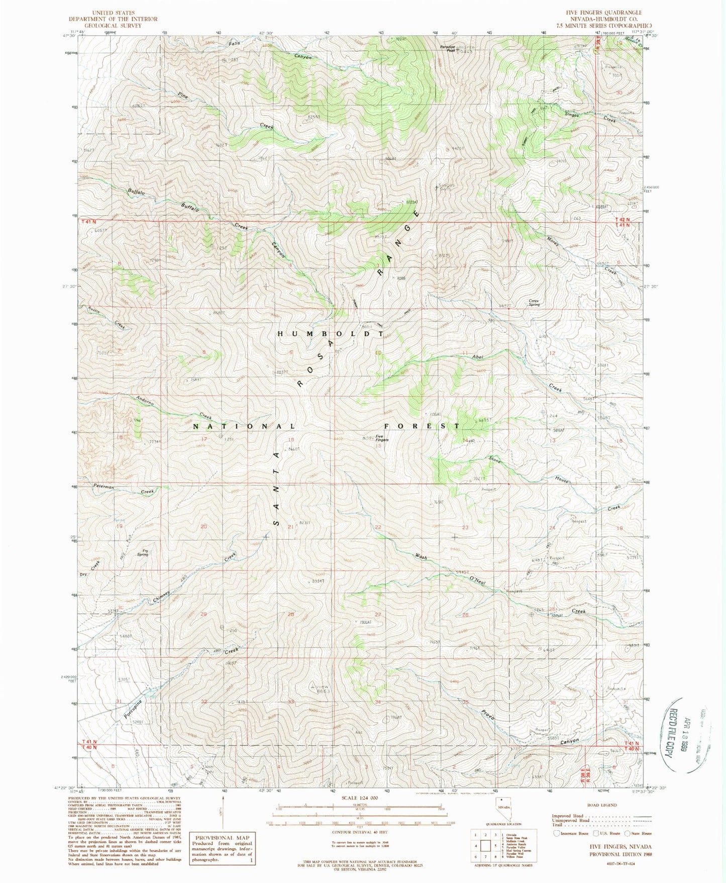 Classic USGS Five Fingers Nevada 7.5'x7.5' Topo Map Image