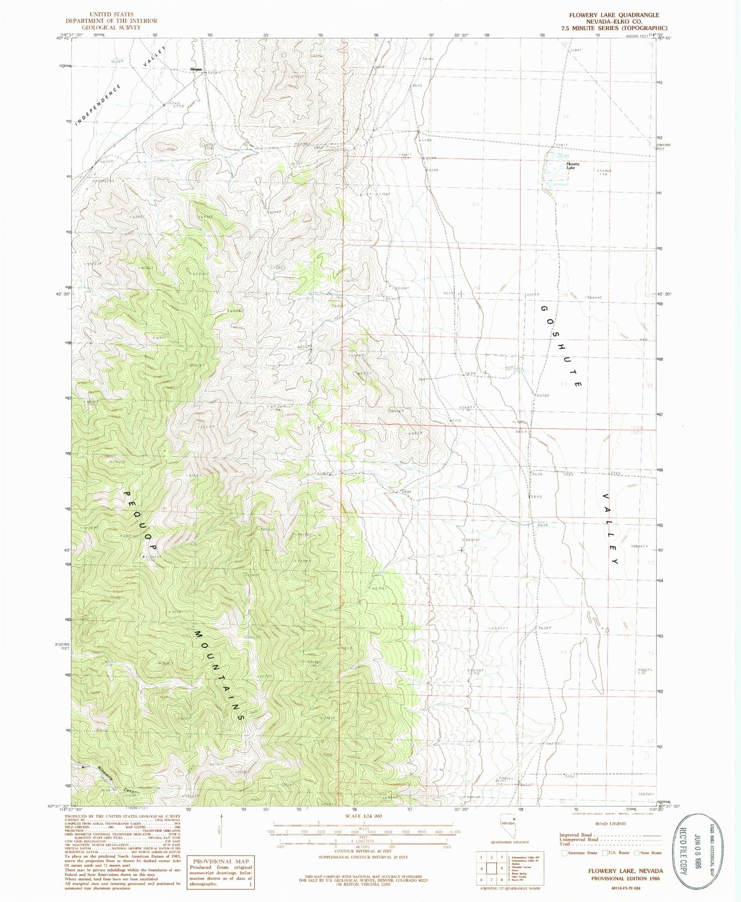 Classic USGS Flowery Lake Nevada 7.5'x7.5' Topo Map Image