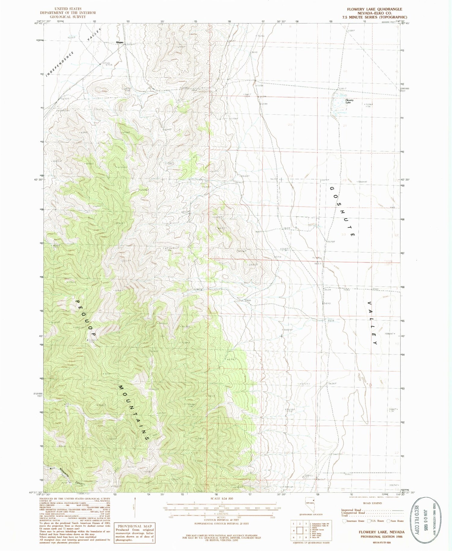 Classic USGS Flowery Lake Nevada 7.5'x7.5' Topo Map Image