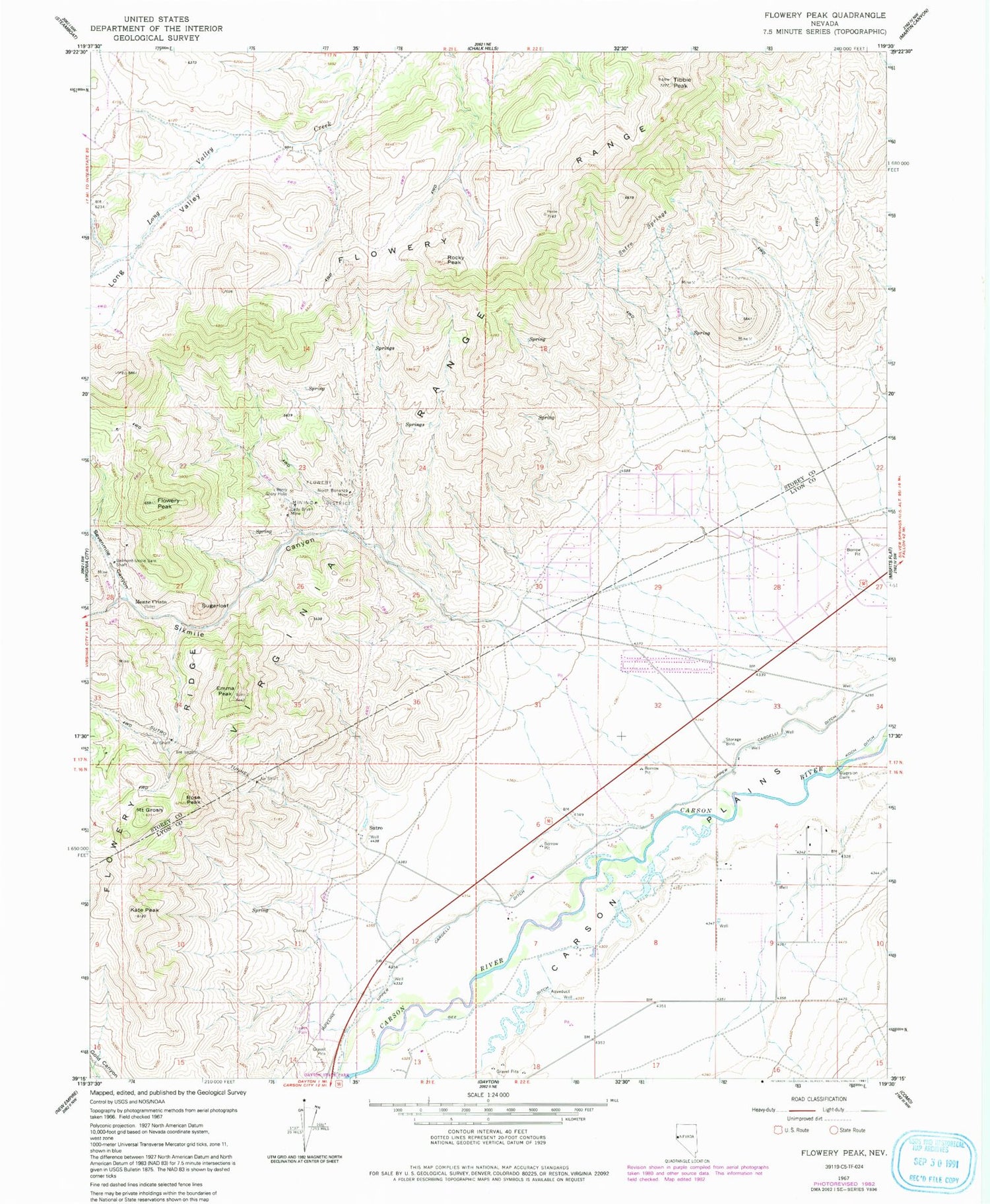 Classic USGS Flowery Peak Nevada 7.5'x7.5' Topo Map Image