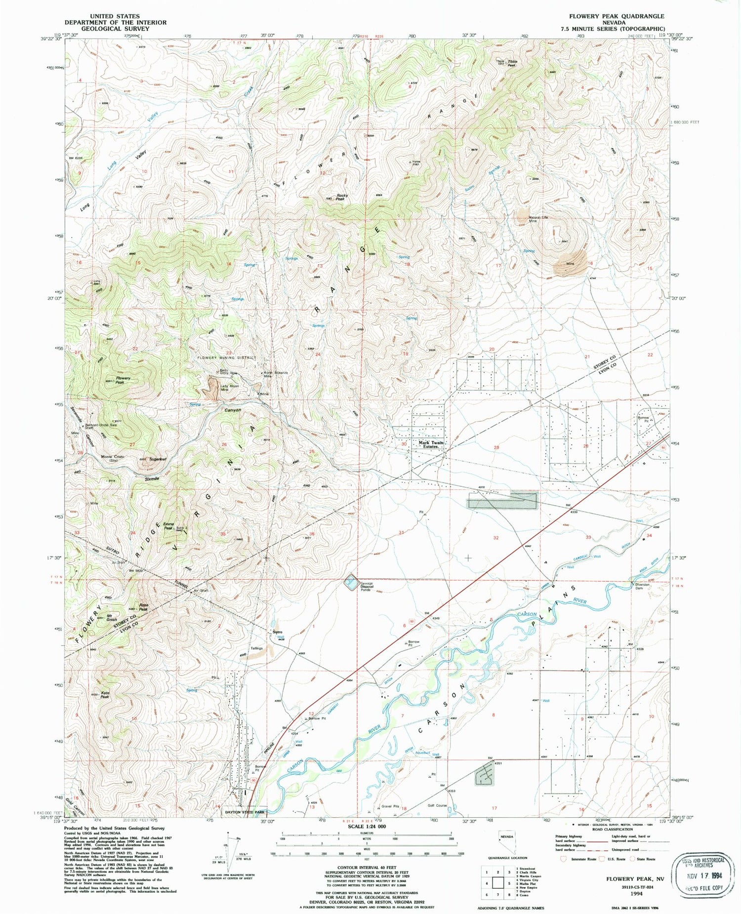 Classic USGS Flowery Peak Nevada 7.5'x7.5' Topo Map Image