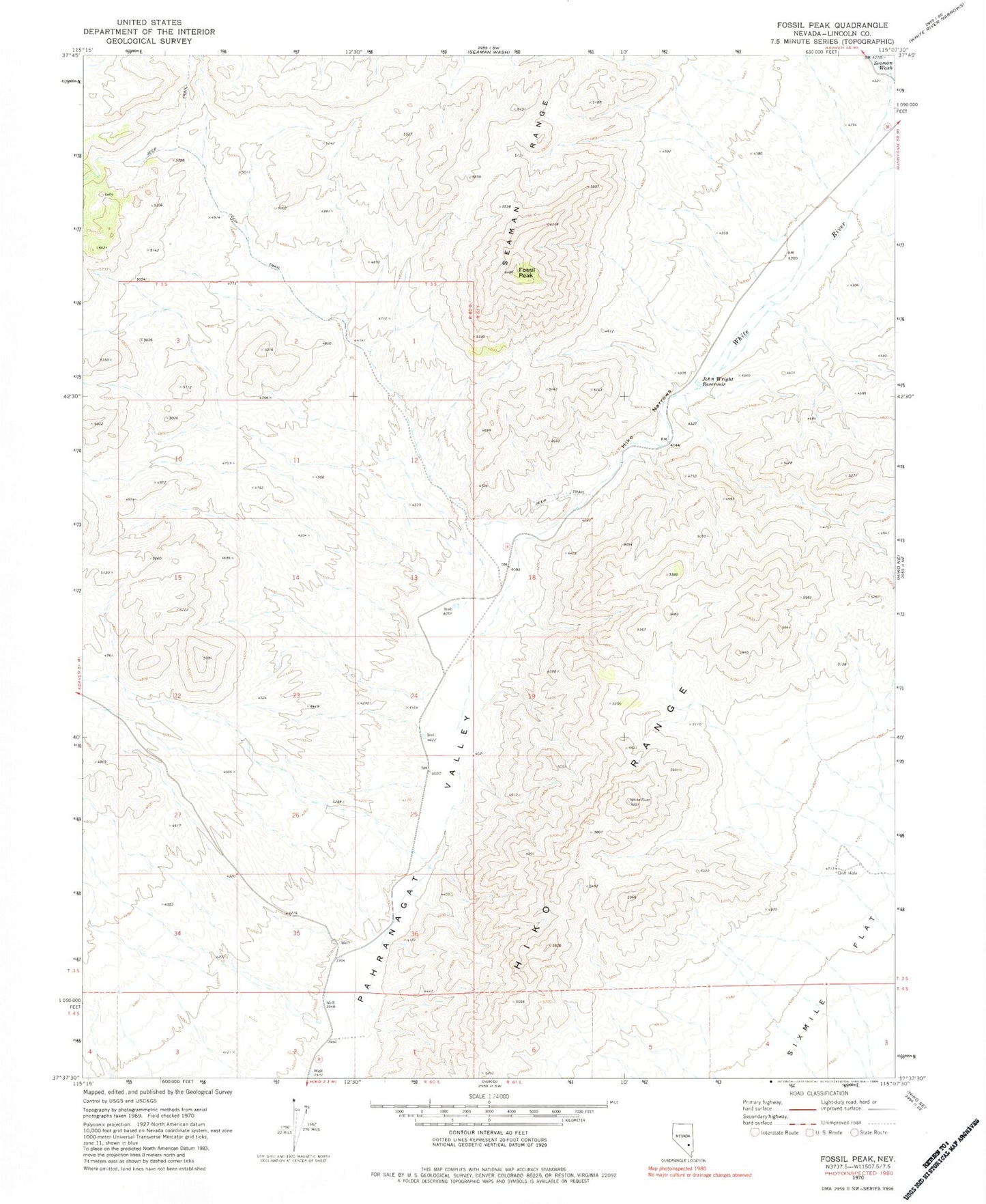 Classic USGS Fossil Peak Nevada 7.5'x7.5' Topo Map Image