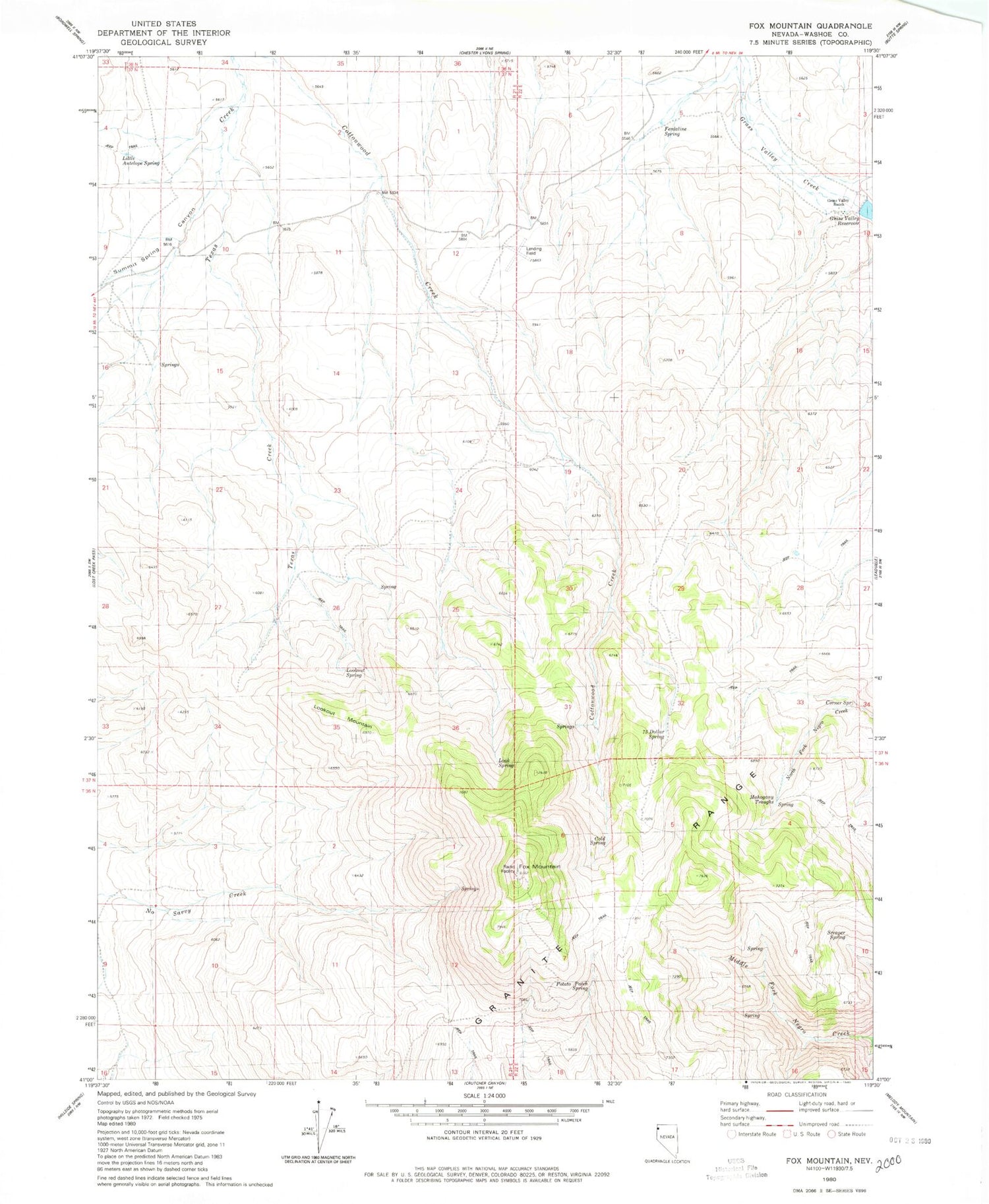 Classic USGS Fox Mountain Nevada 7.5'x7.5' Topo Map Image