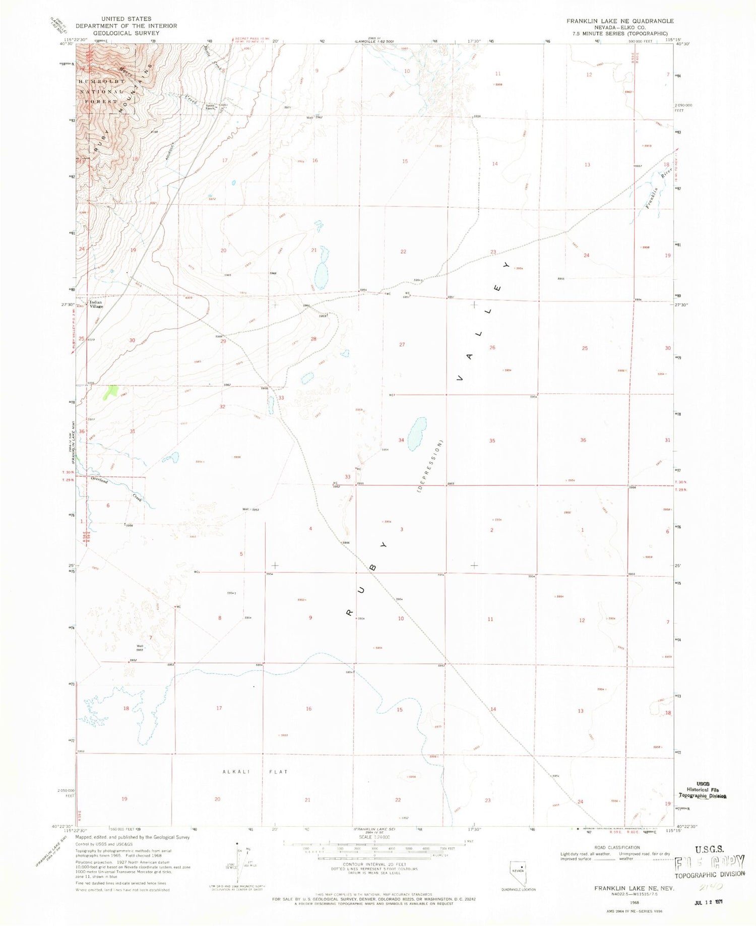 Classic USGS Franklin Lake NE Nevada 7.5'x7.5' Topo Map Image