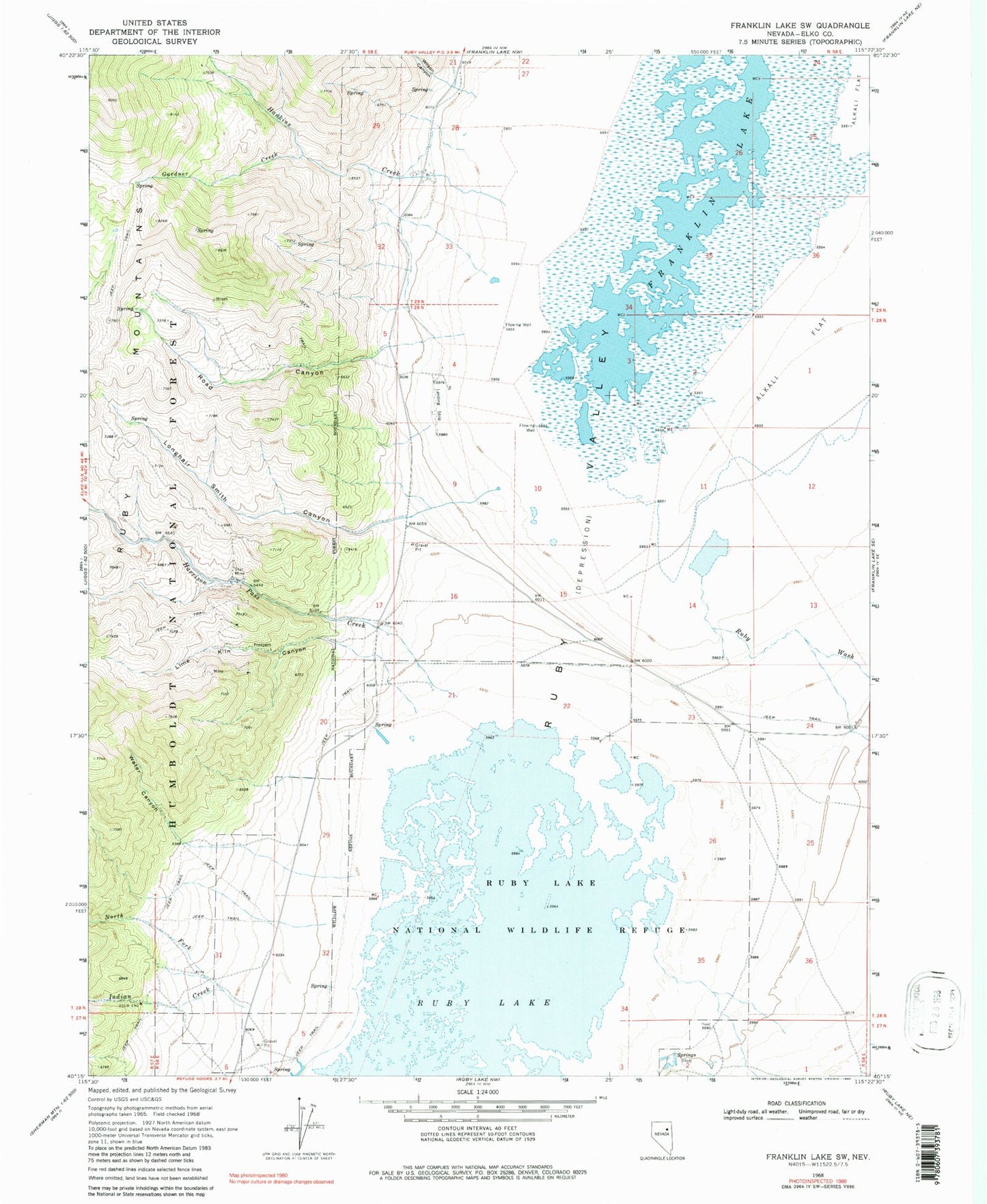 Classic USGS Franklin Lake SW Nevada 7.5'x7.5' Topo Map Image