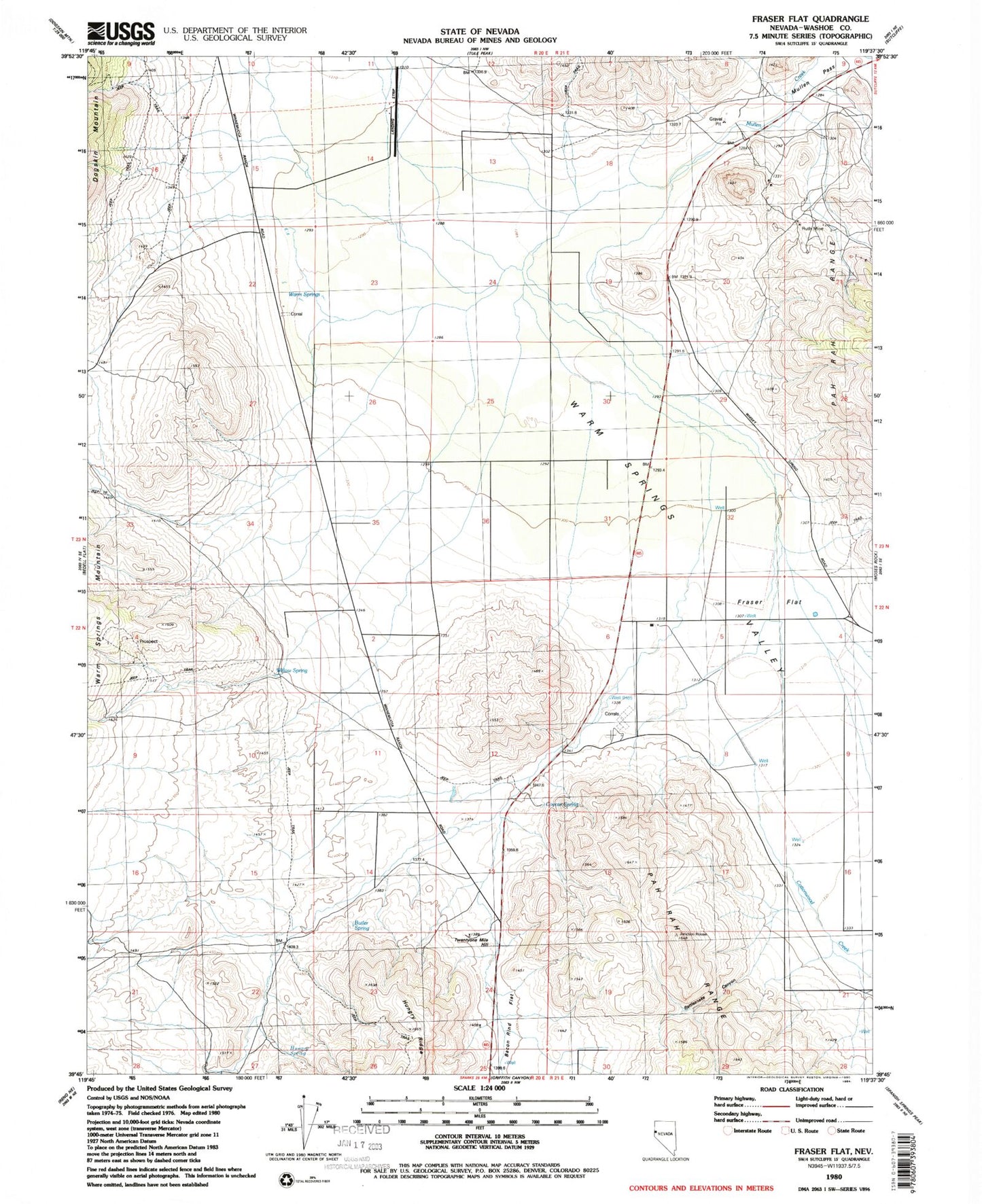 Classic USGS Fraser Flat Nevada 7.5'x7.5' Topo Map Image