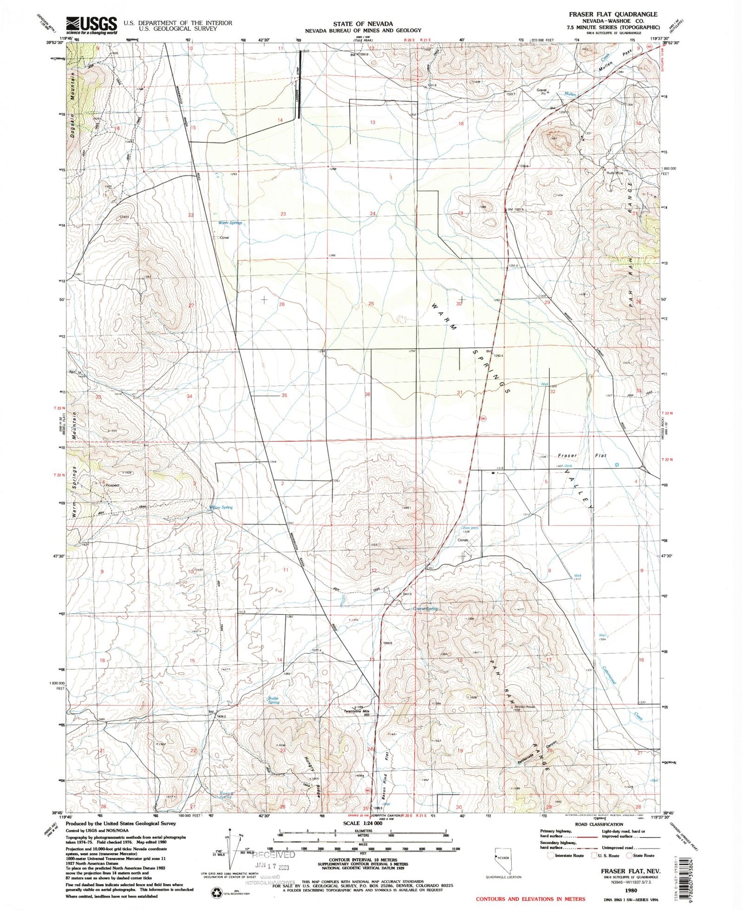 Classic USGS Fraser Flat Nevada 7.5'x7.5' Topo Map Image