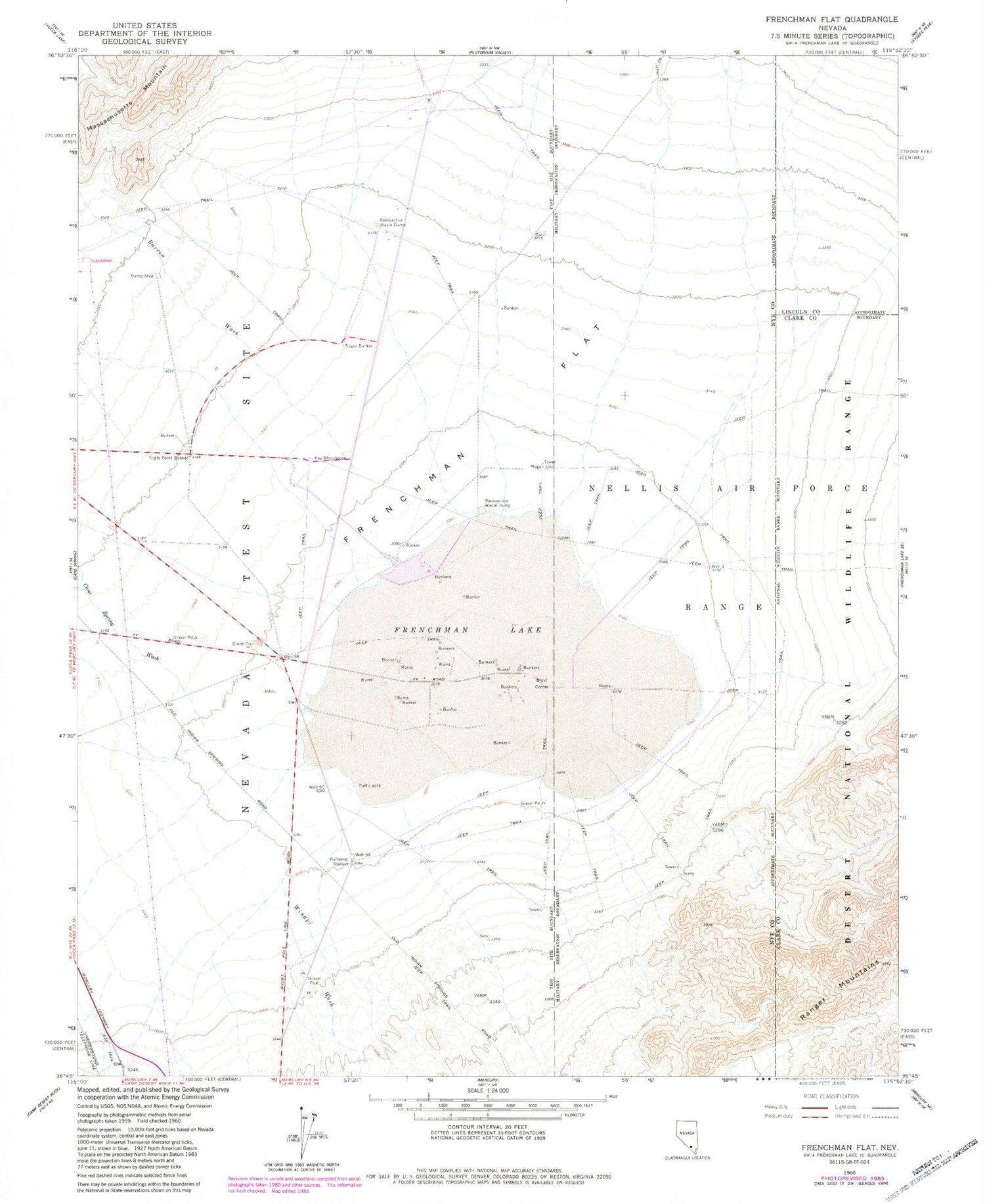 Classic USGS Frenchman Lake Nevada 7.5'x7.5' Topo Map Image