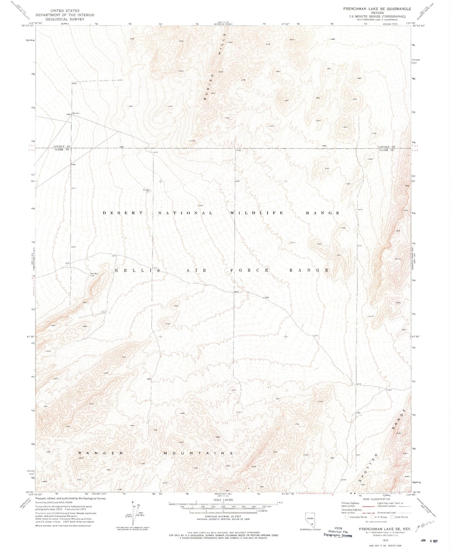 Classic USGS Frenchman Lake SE Nevada 7.5'x7.5' Topo Map Image