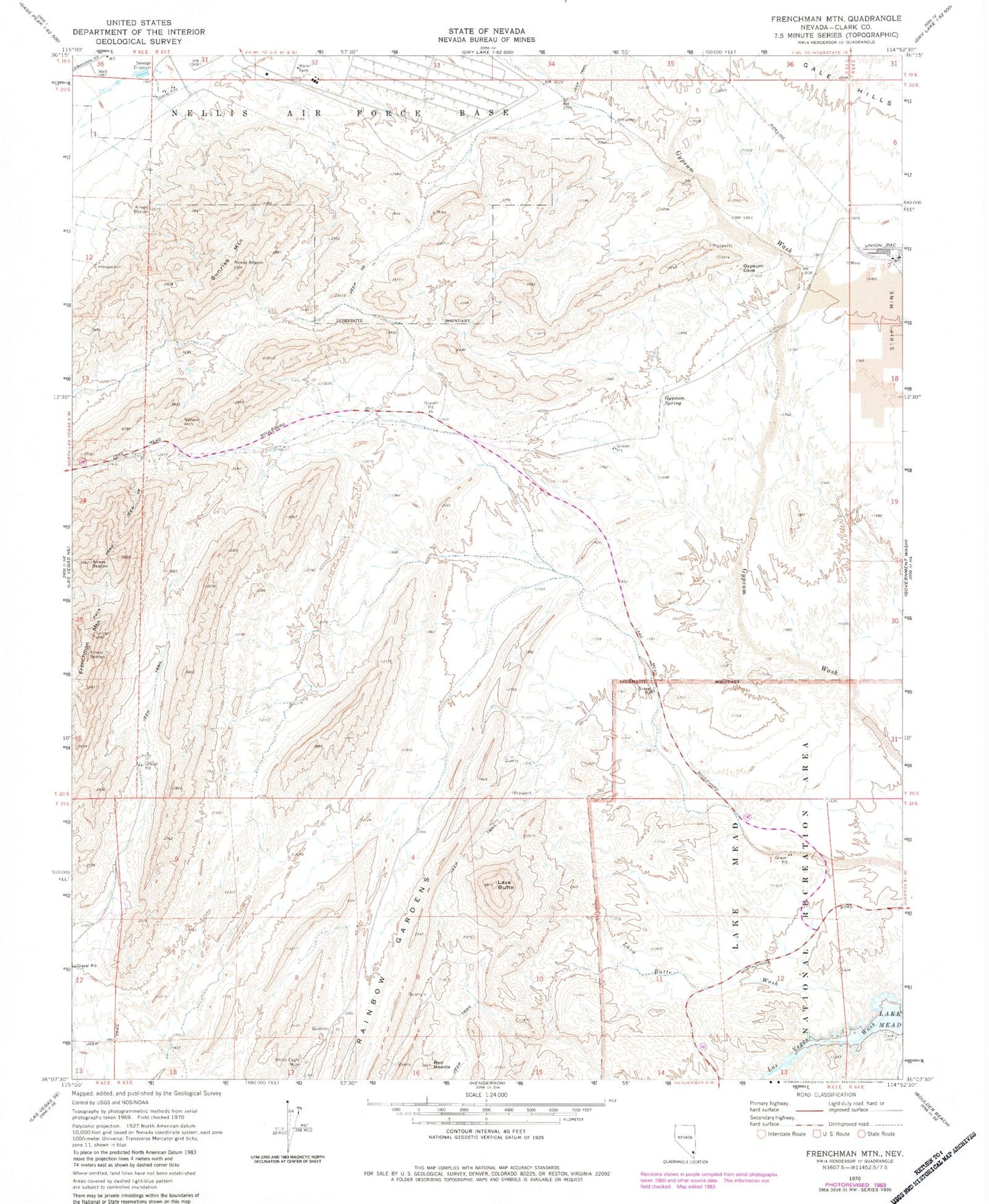 Classic USGS Frenchman Mountain Nevada 7.5'x7.5' Topo Map Image