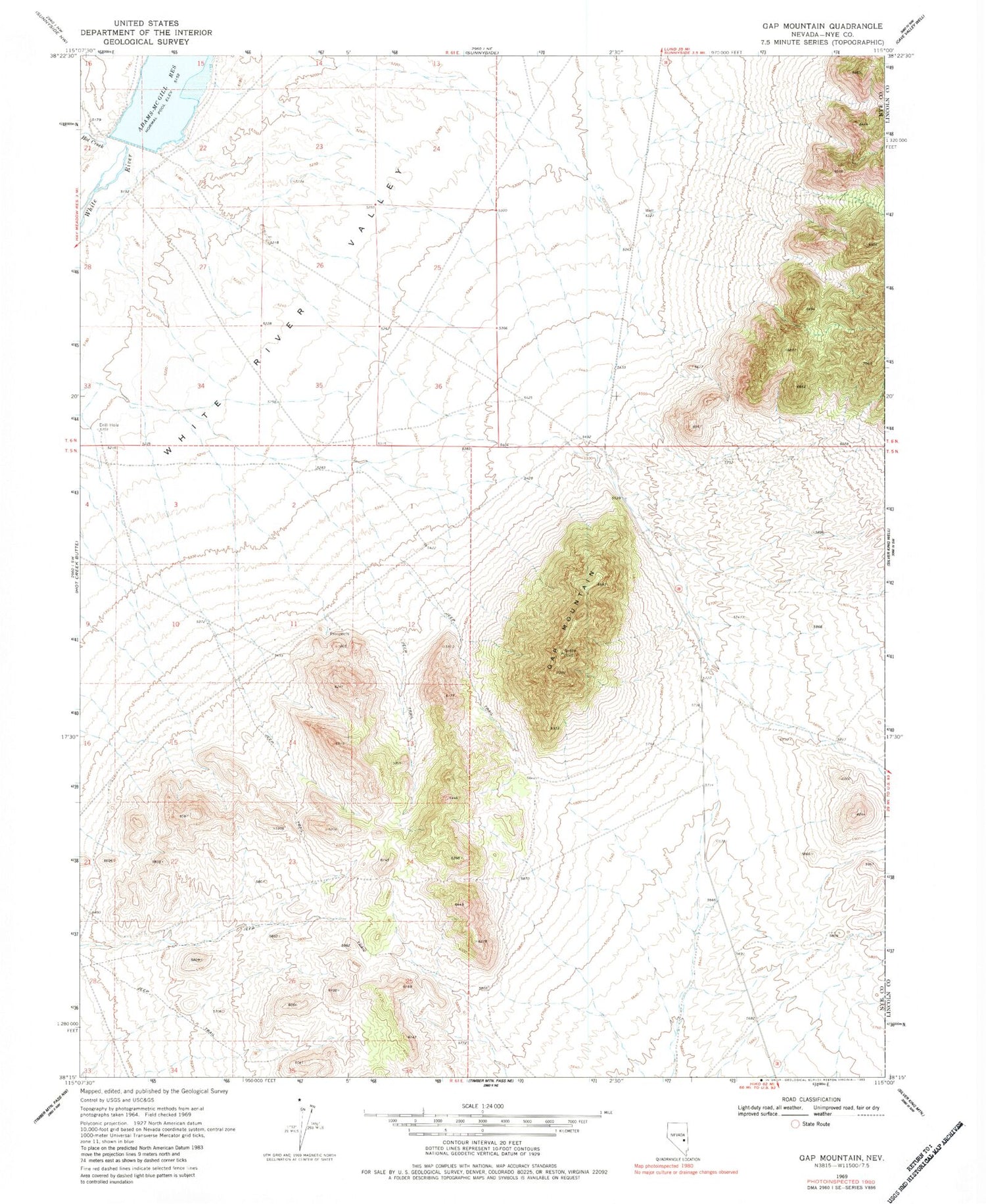 Classic USGS Gap Mountain Nevada 7.5'x7.5' Topo Map Image