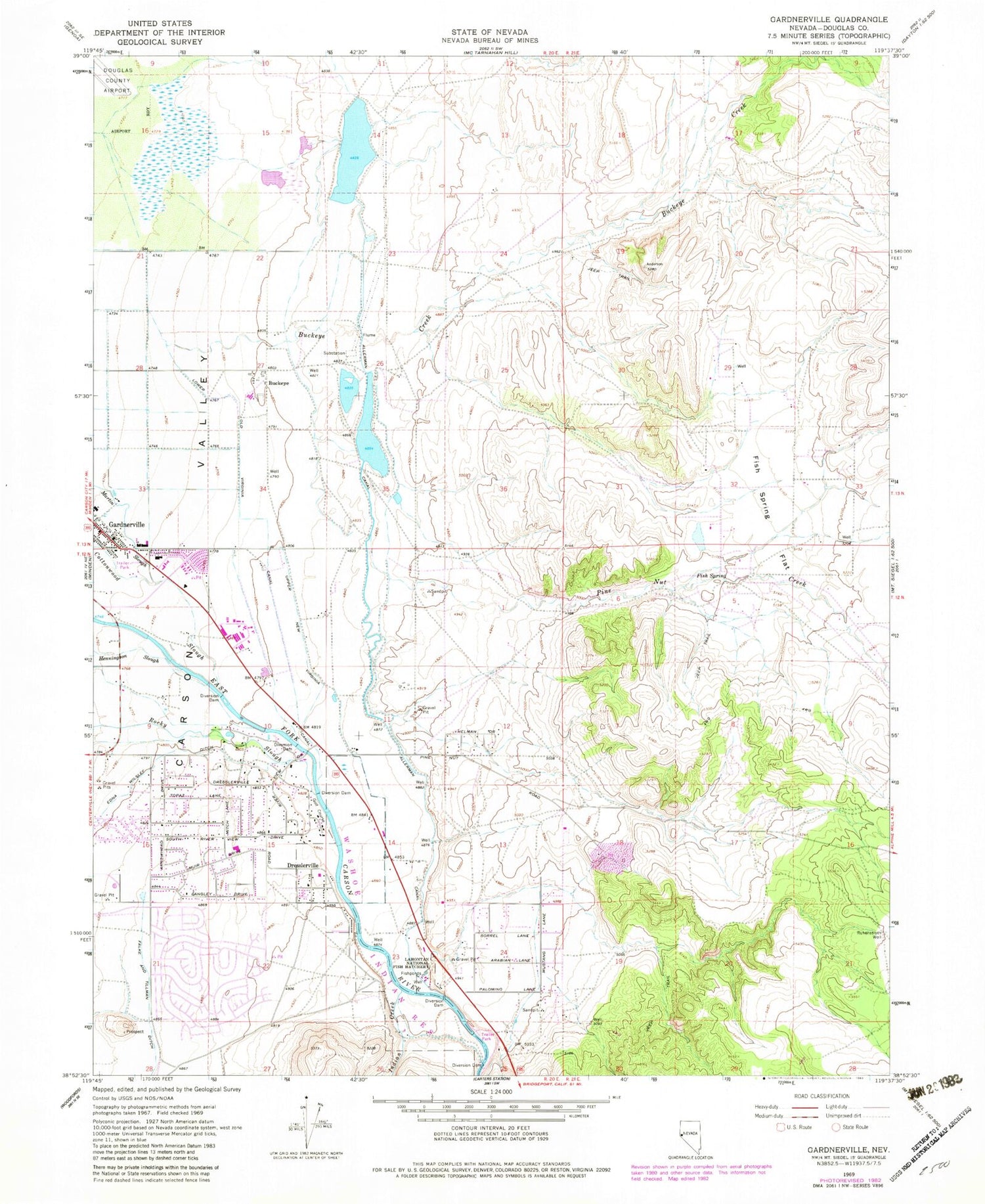 Classic USGS Gardnerville Nevada 7.5'x7.5' Topo Map Image