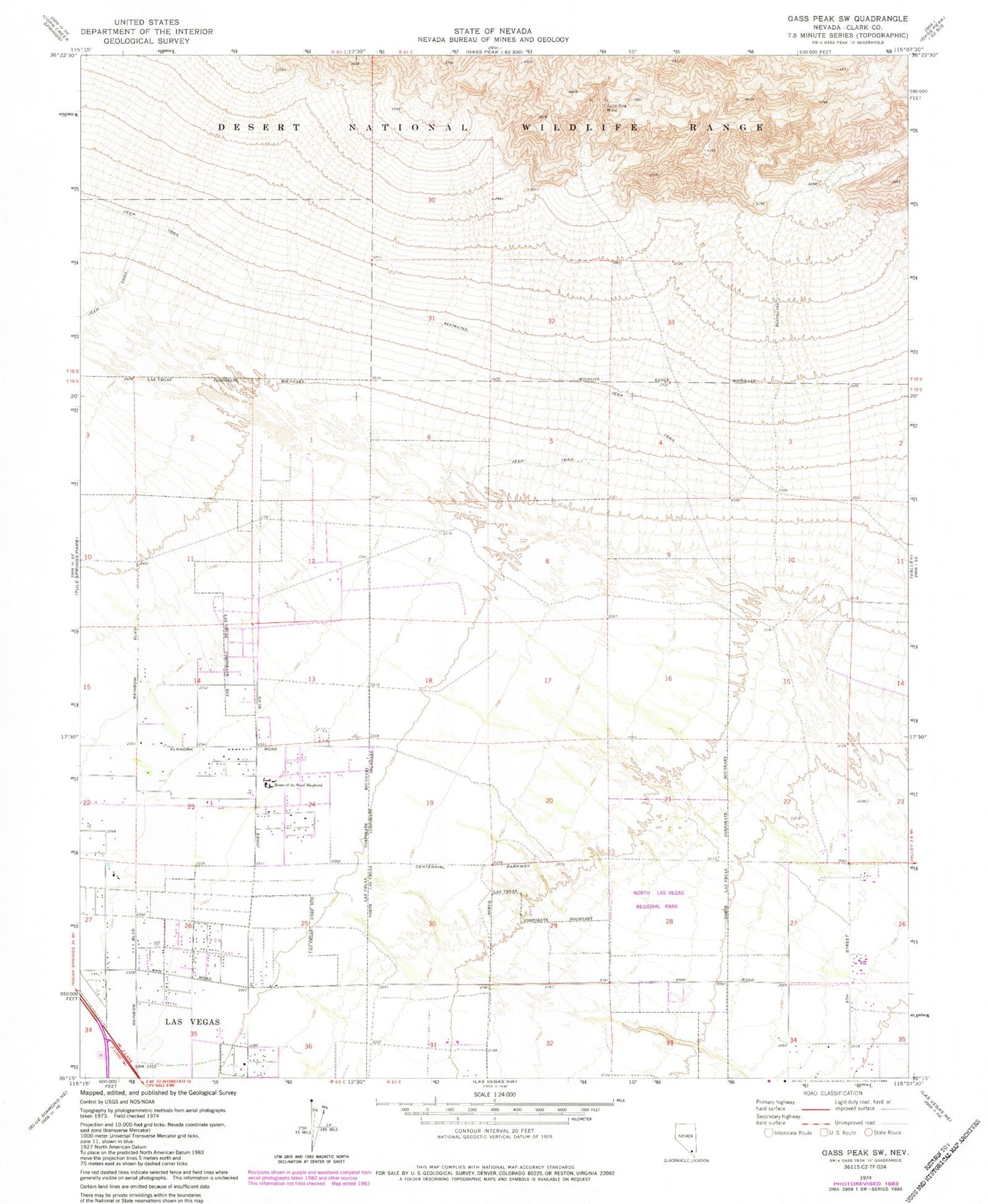 Classic USGS Gass Peak SW Nevada 7.5'x7.5' Topo Map Image