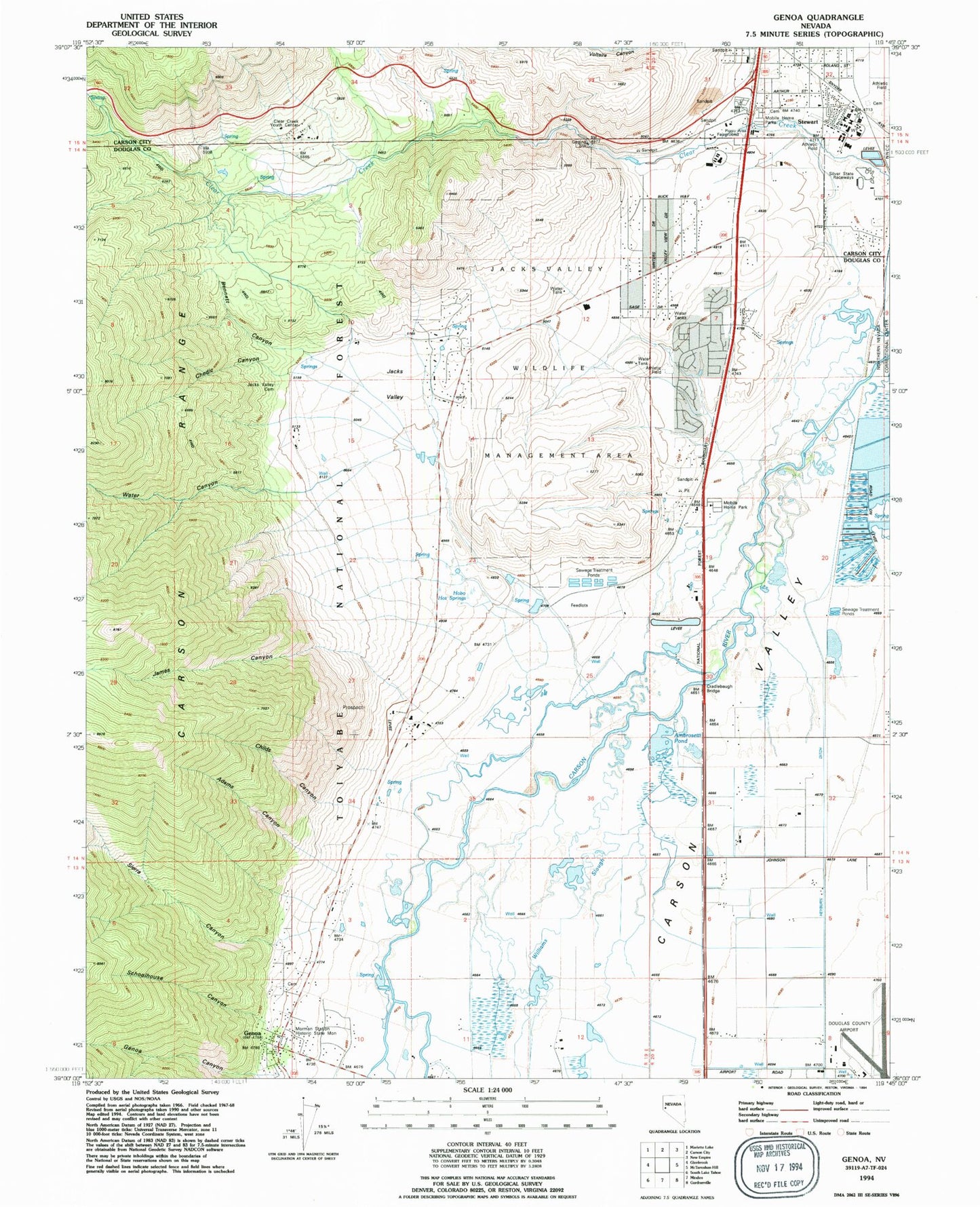 Classic USGS Genoa Nevada 7.5'x7.5' Topo Map Image
