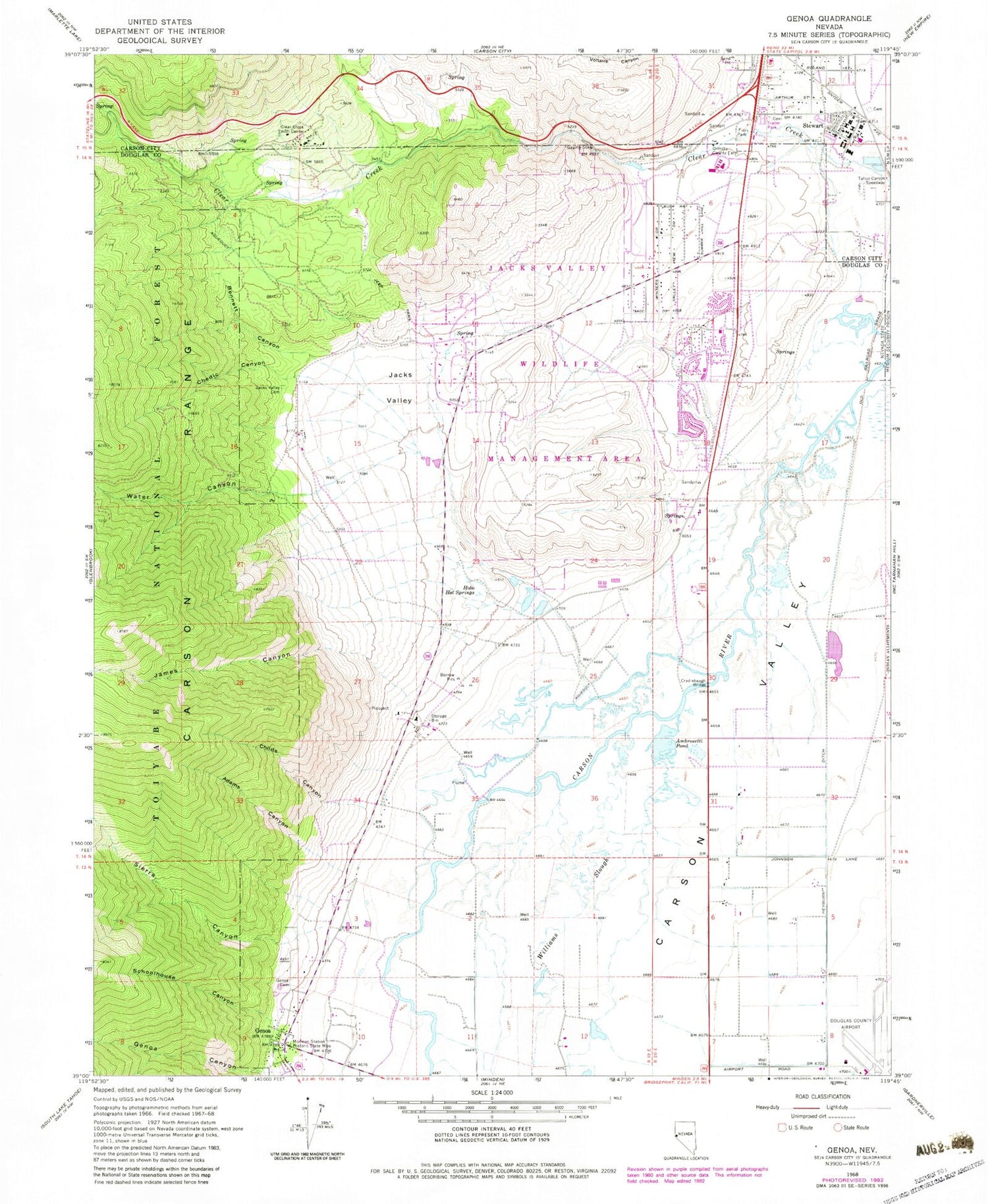 Classic USGS Genoa Nevada 7.5'x7.5' Topo Map Image