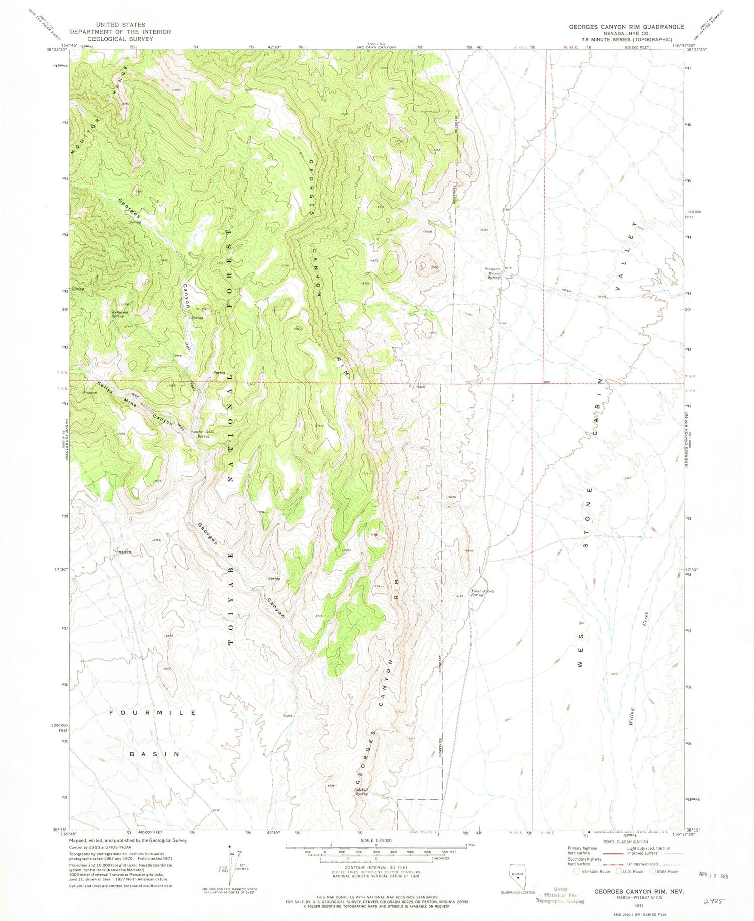 Classic USGS Georges Canyon Rim Nevada 7.5'x7.5' Topo Map Image