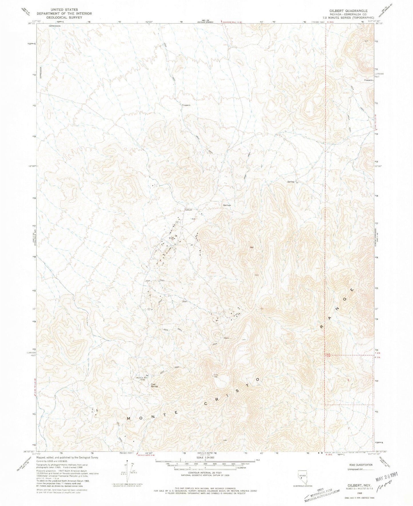 Classic USGS Gilbert Nevada 7.5'x7.5' Topo Map Image