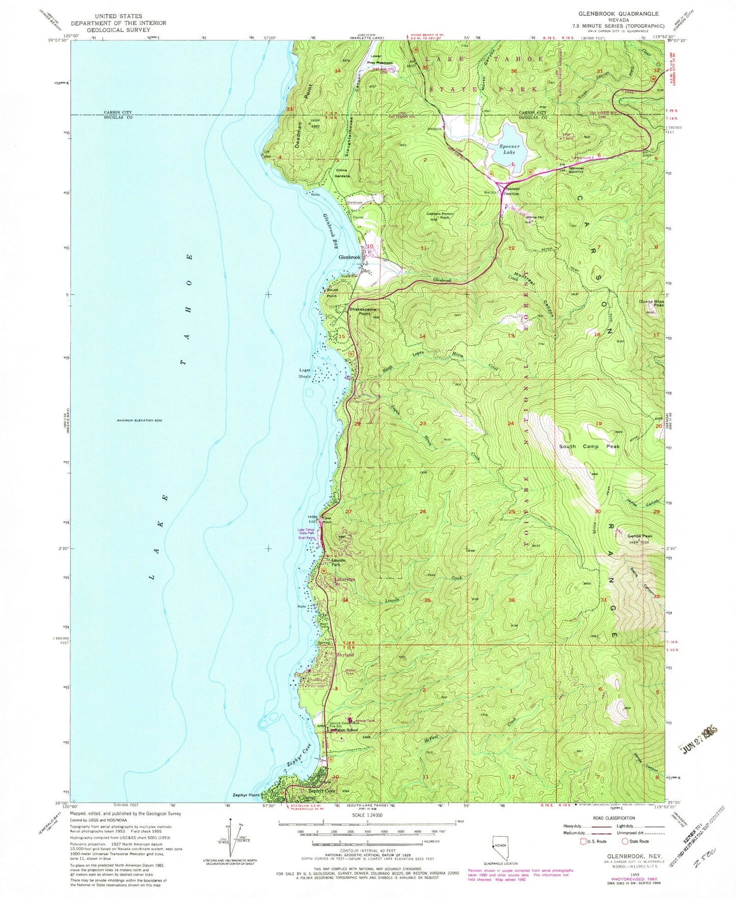 Classic USGS Glenbrook Nevada 7.5'x7.5' Topo Map Image