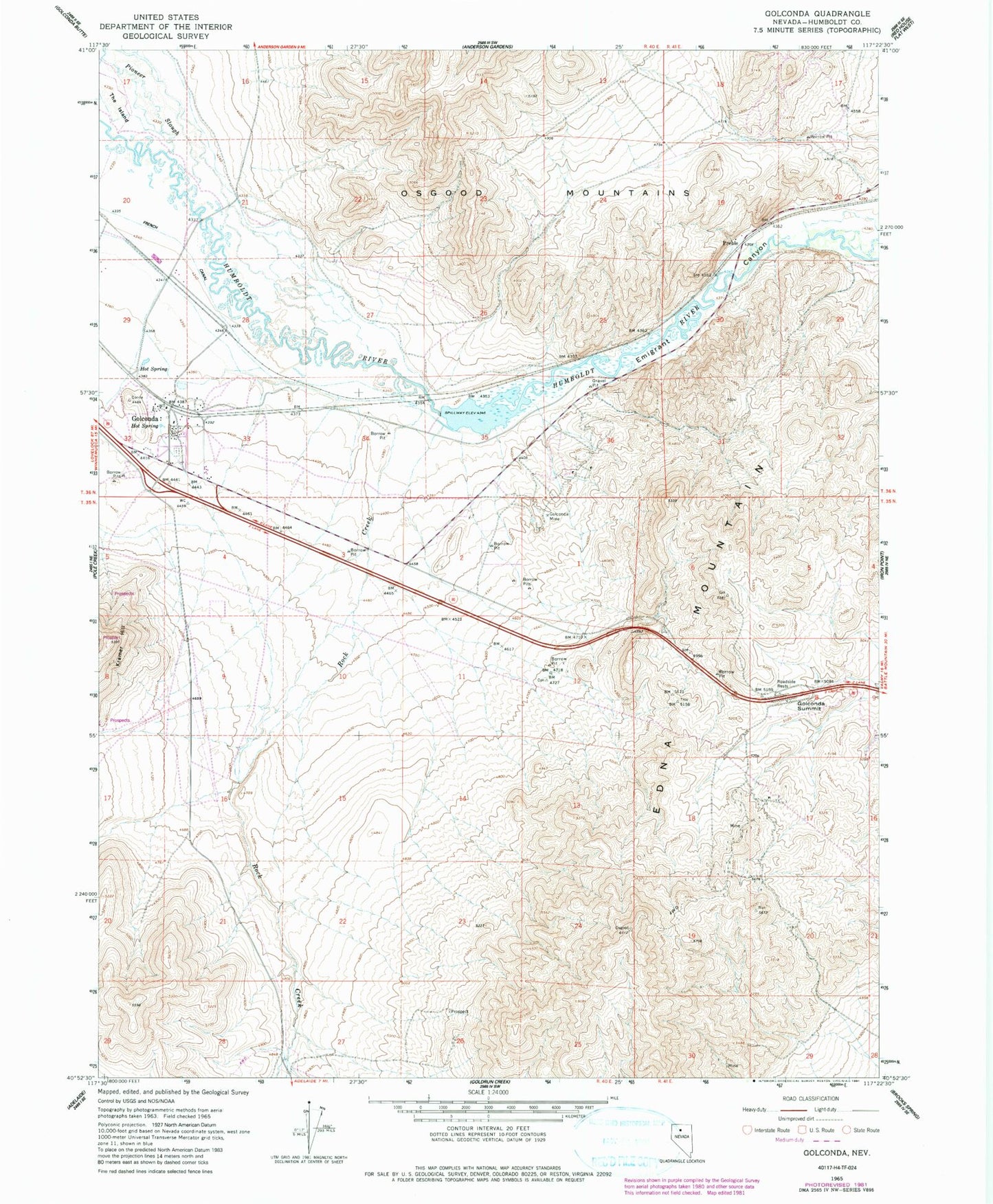 Classic USGS Golconda Nevada 7.5'x7.5' Topo Map Image